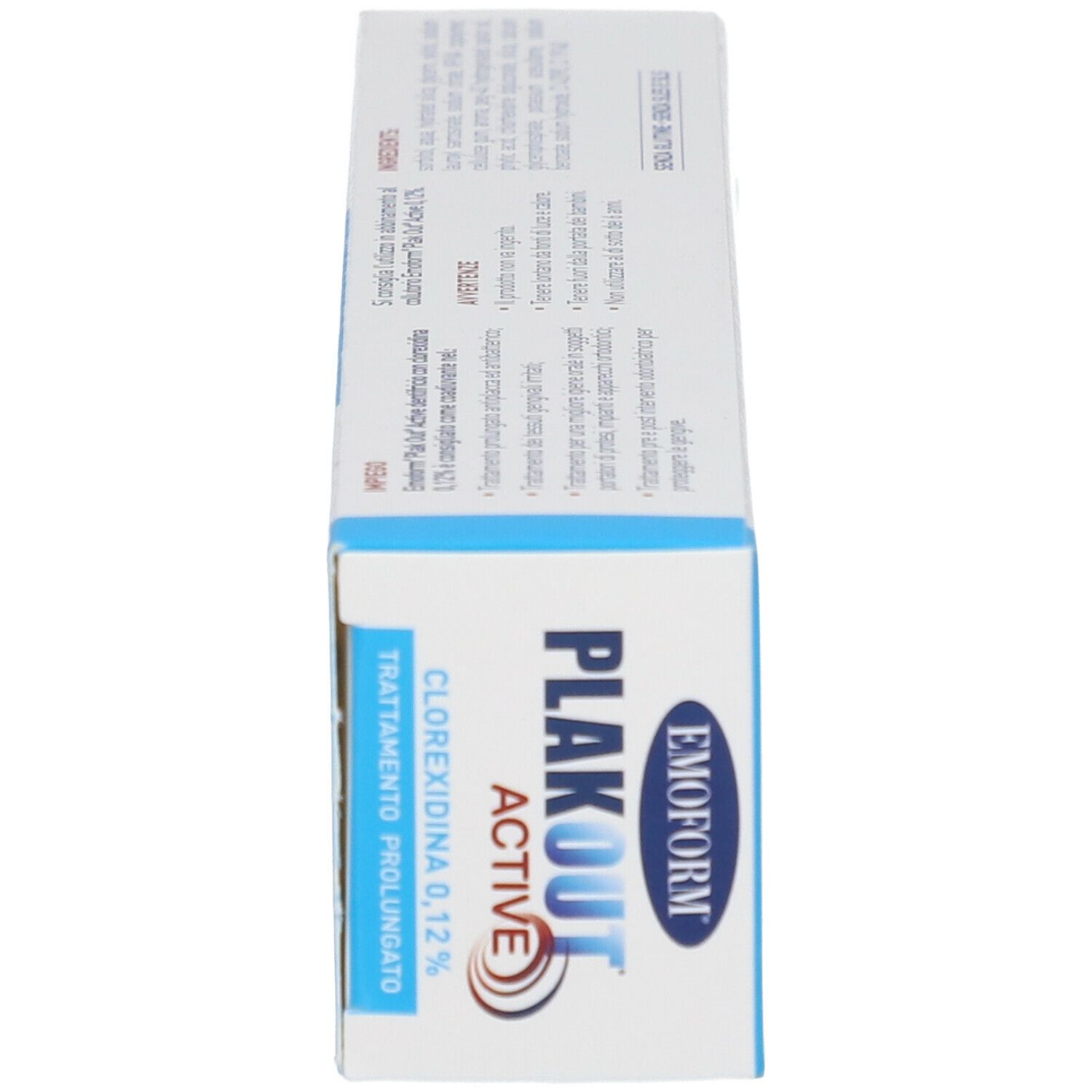 Scatola di dentifricio. Emoform Plak Out Active, 0,12% clorexidina. Vista laterale. Testo.