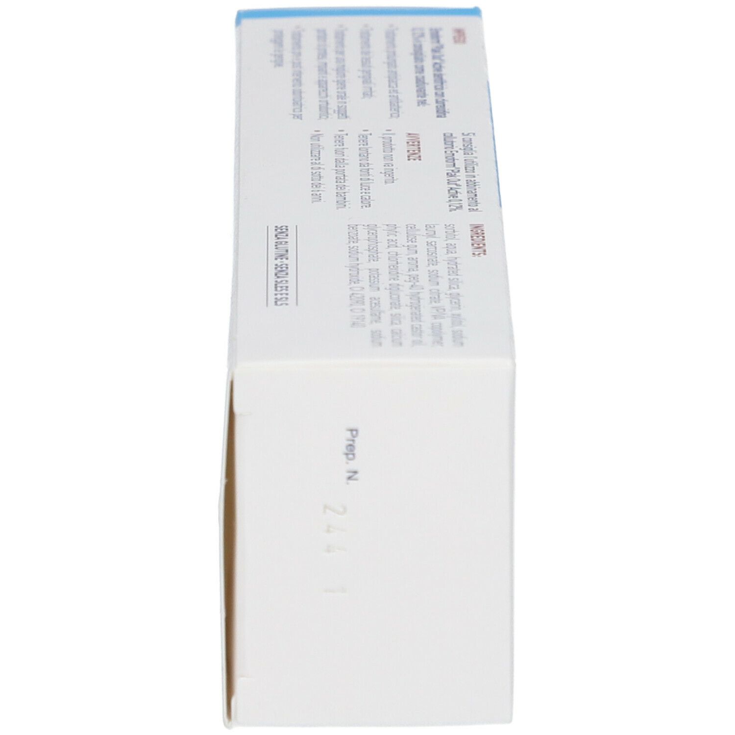 Scatola di dentifricio. Emoform Plak Out Active, 0,12% clorexidina. Vista inferiore. Testo.