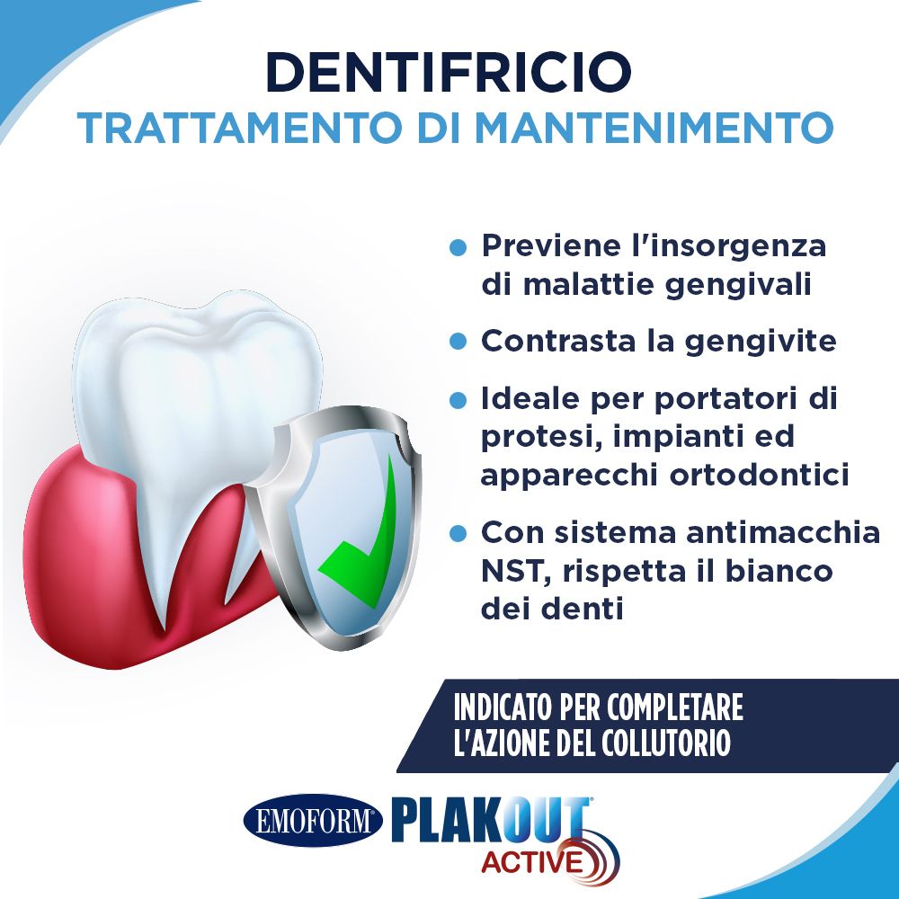 Modello di dente con scudo. Testo: Dentifricio trattamento. Previene malattie gengivali, contrasta la gengivite.