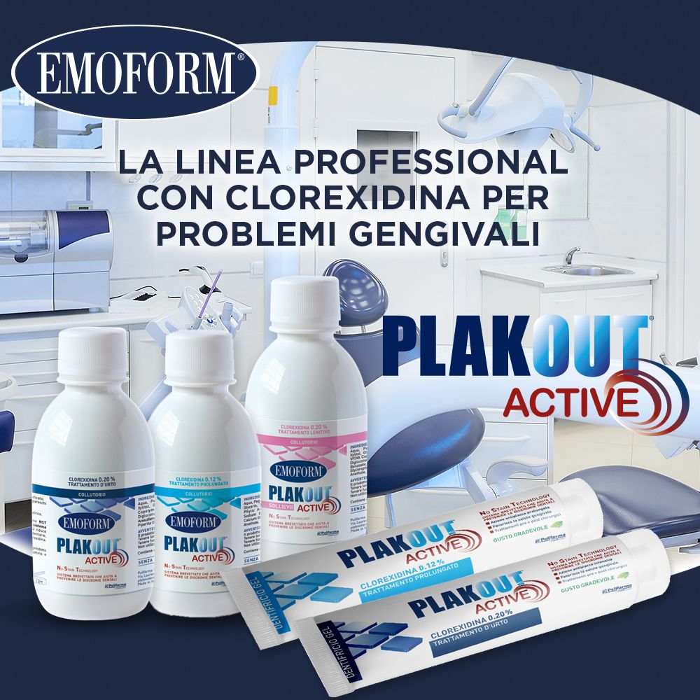 Linea professionale con clorexidina. Flaconi e tubi di Emoform Plak Out Active. Sfondo studio dentistico.