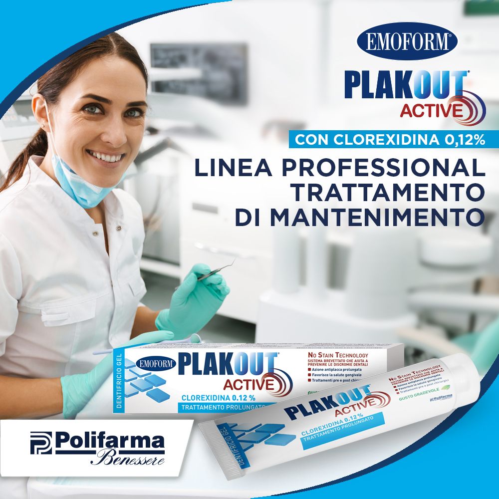 Dentista con Emoform Plak Out Active. Tubo di dentifricio. Testo: Linea professionale, trattamento di mantenimento.