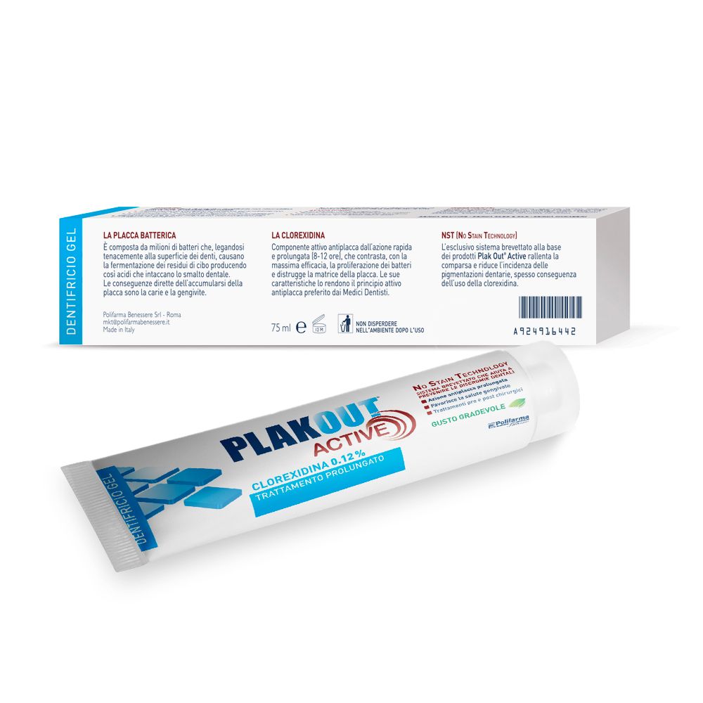 Tubo e scatola di dentifricio. Emoform Plak Out Active, 0,12% clorexidina. Informazioni dettagliate sulla scatola.