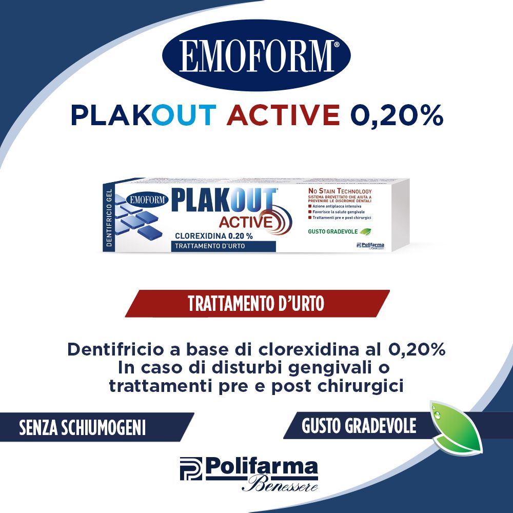 Werbung für Emoform Plak Out Active 0,20%. Dentifricio, Clorexidina 0,20%. Ohne Schaumbildner. Angenehmer Geschmack. Polifarma Benessere.