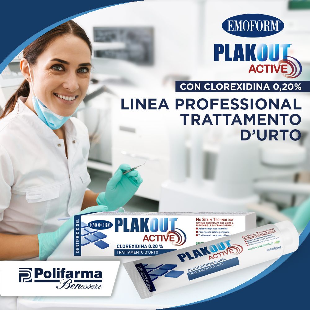 Emoform Plak Out Active mit Chlorhexidin 0,20%. Professionelle Linie. Frau mit Mundschutz und Handschuhen. Polifarma Benessere.