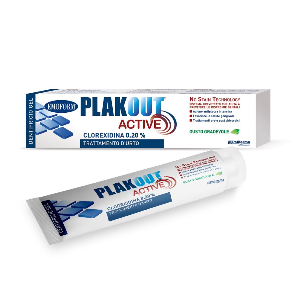 Zahnpasta-Tube und Schachtel. Auf der Tube: Plak Out Active, Chlorhexidin 0,20%. Auf der Schachtel: Plak Out Active.