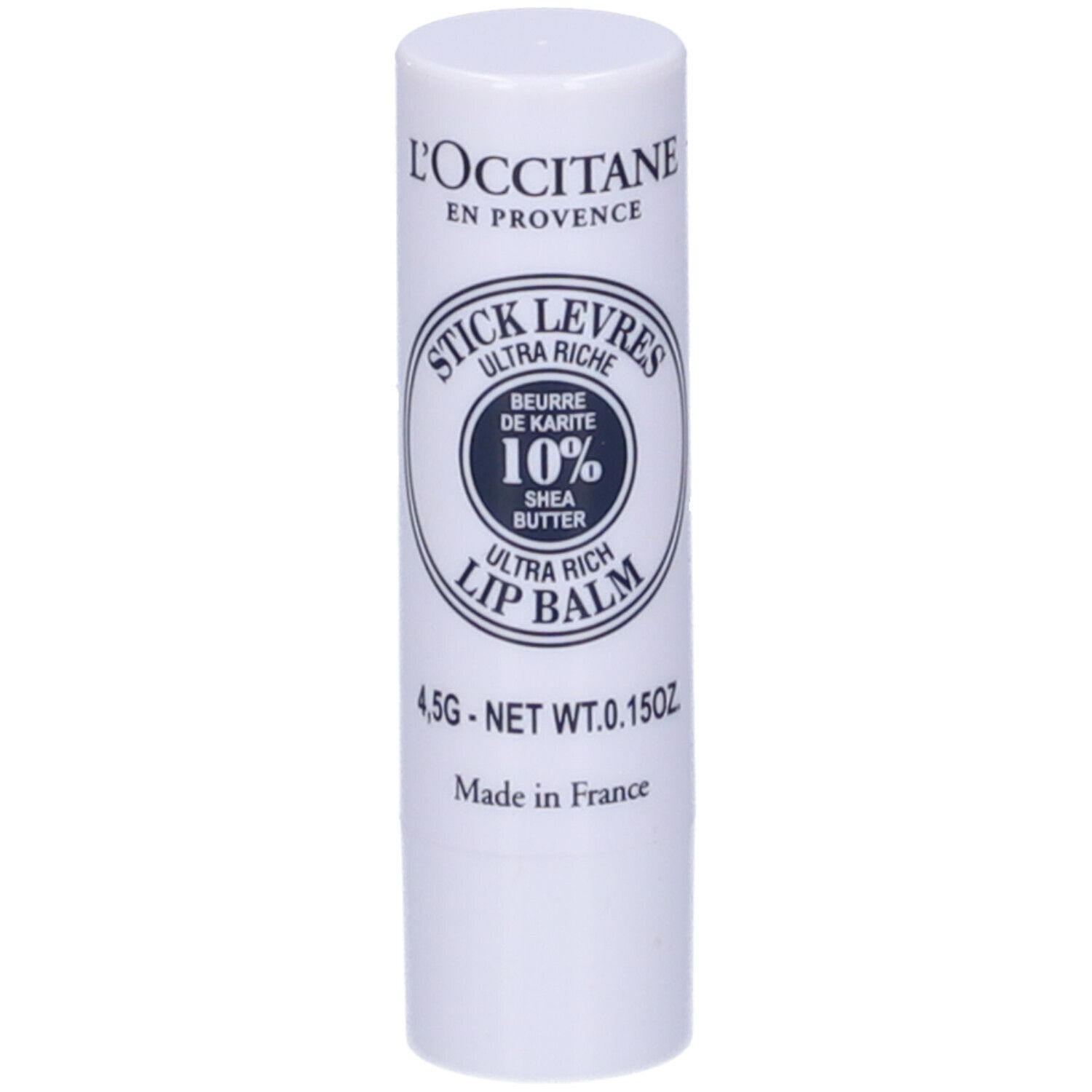 Weißer Lippenpflegestift mit blauer Schrift. Aufschrift: Stick Levres Ultra Riche, 10% Shea Butter, Lip Balm. 4,5g.