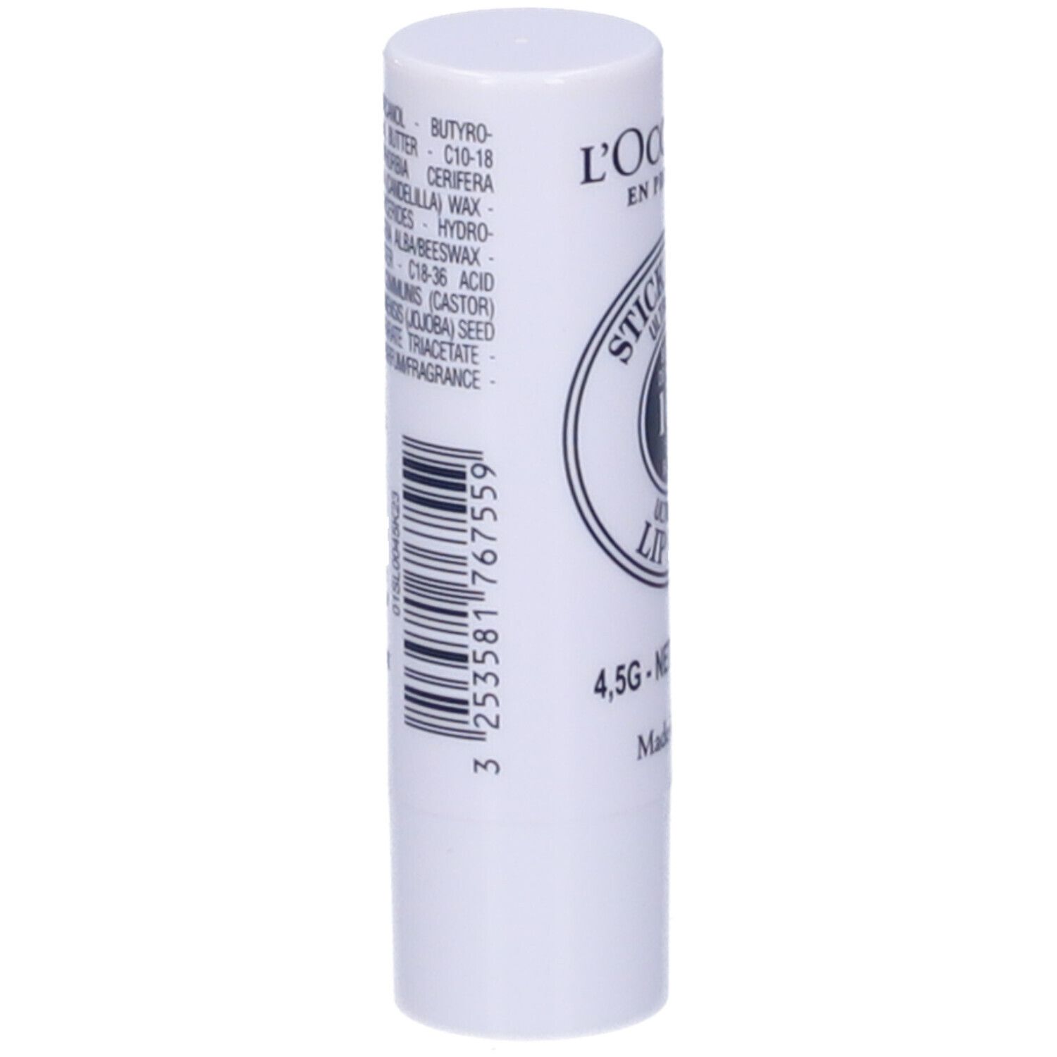 Weißer Lippenpflegestift mit Barcode und Inhaltsstoffen. Aufschrift: 4,5g, Made in France.