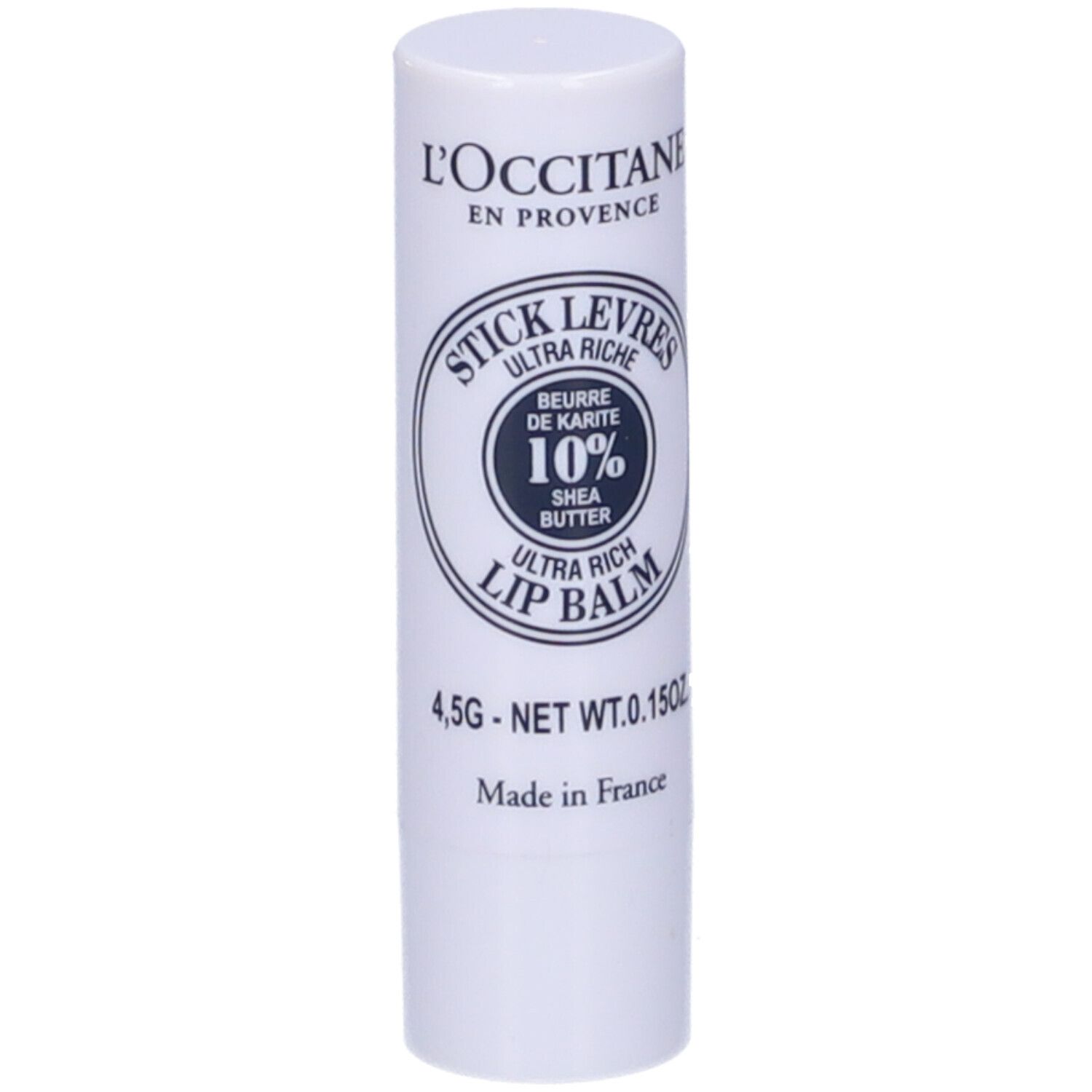 Weißer Lippenpflegestift mit blauer Schrift. Aufschrift: Stick Levres Ultra Riche, 10% Shea Butter, Lip Balm. 4,5g.