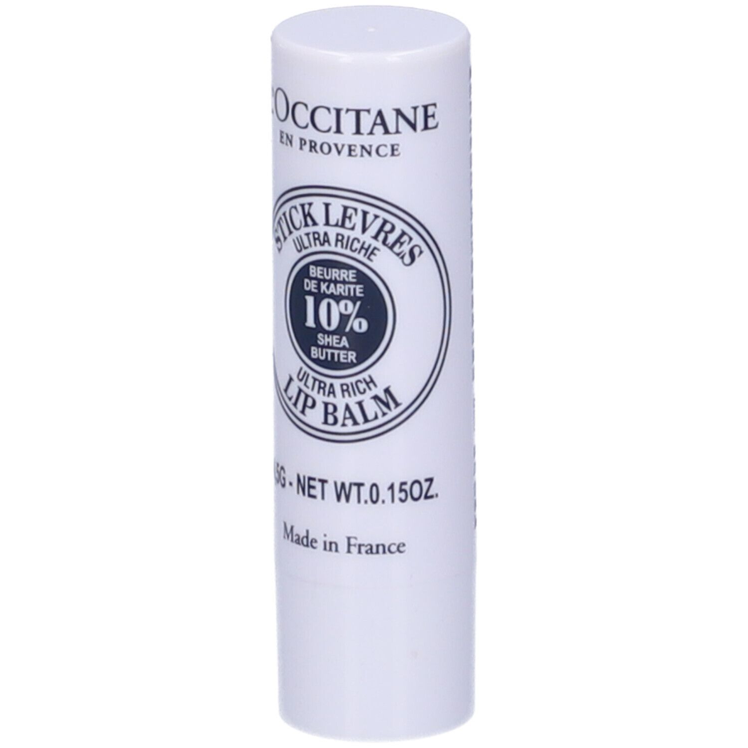 Weißer Lippenpflegestift mit blauer Schrift. Aufschrift: Stick Levres Ultra Riche, 10% Shea Butter, Lip Balm. 4,5g.