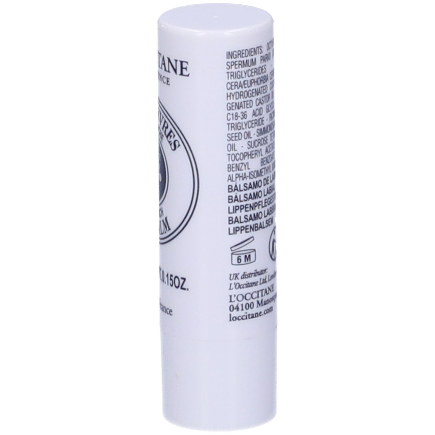 Weißer Lippenpflegestift mit Inhaltsstoffen. Aufschrift: 4,5g, 6M. Logo.