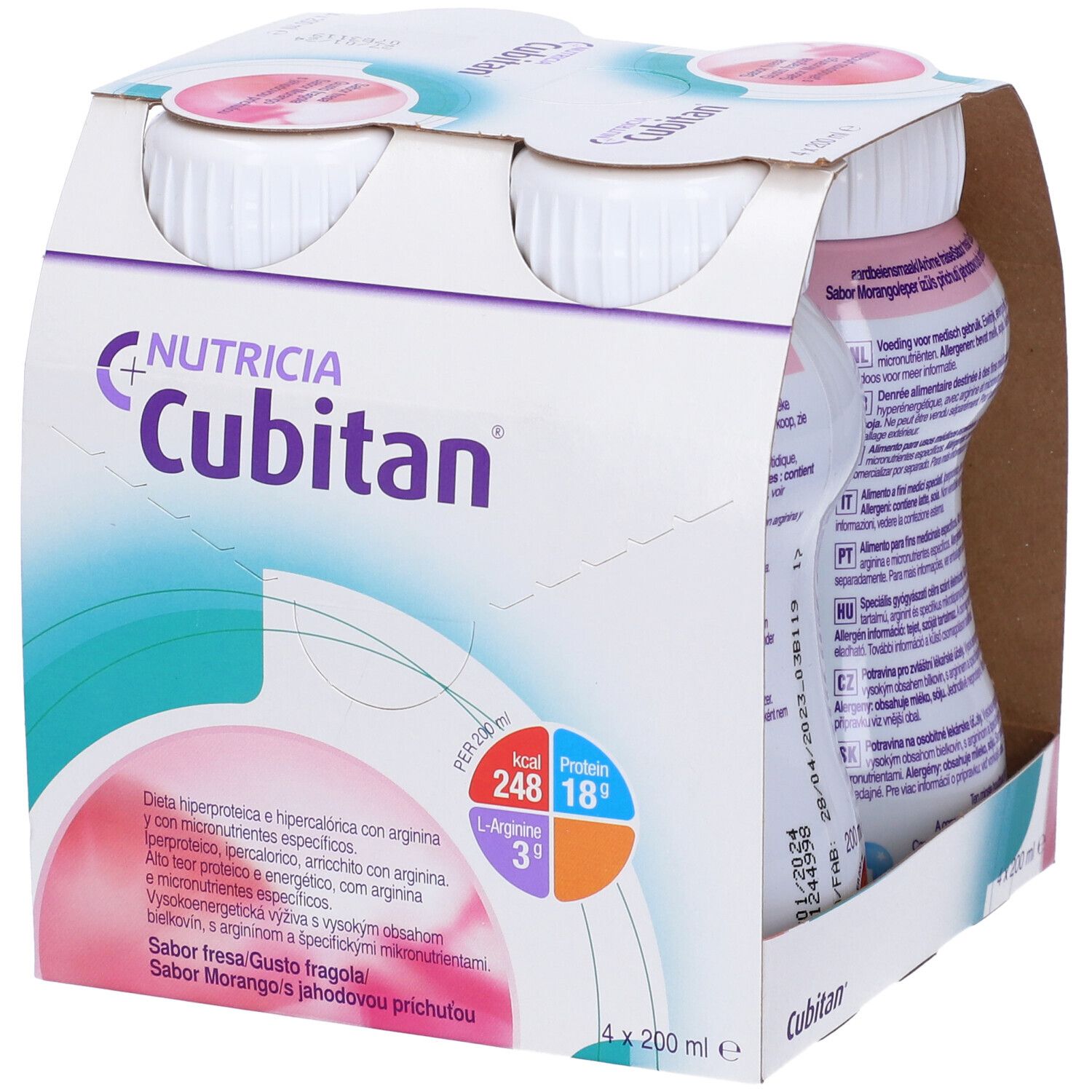 Confezione da quattro bottiglie di Cubitan. Scritte: Nutricia, Cubitan, informazioni nutrizionali, gusto fragola.
