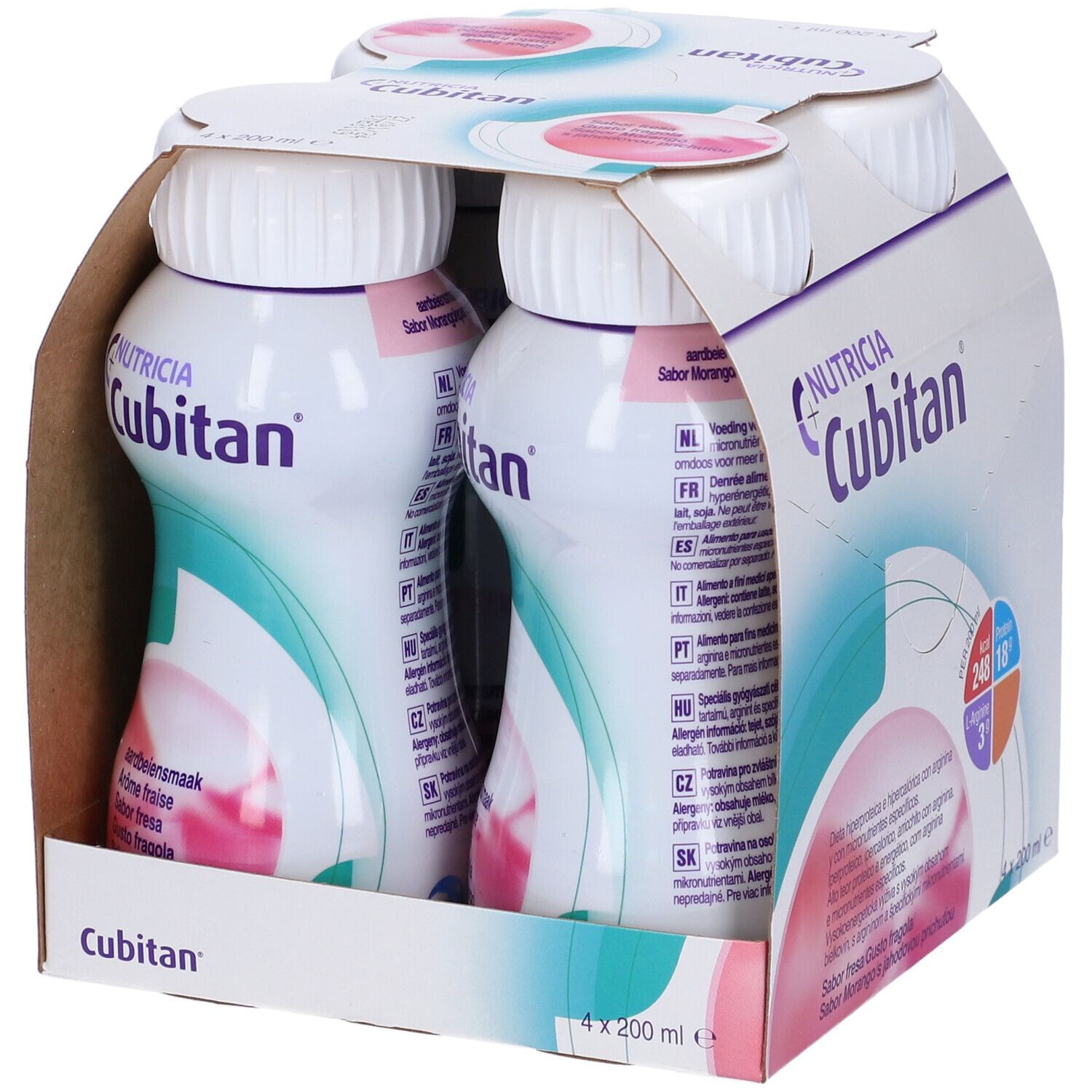 Confezione da quattro bottiglie di Cubitan. Scritte: Nutricia, Cubitan, informazioni nutrizionali, gusto fragola.