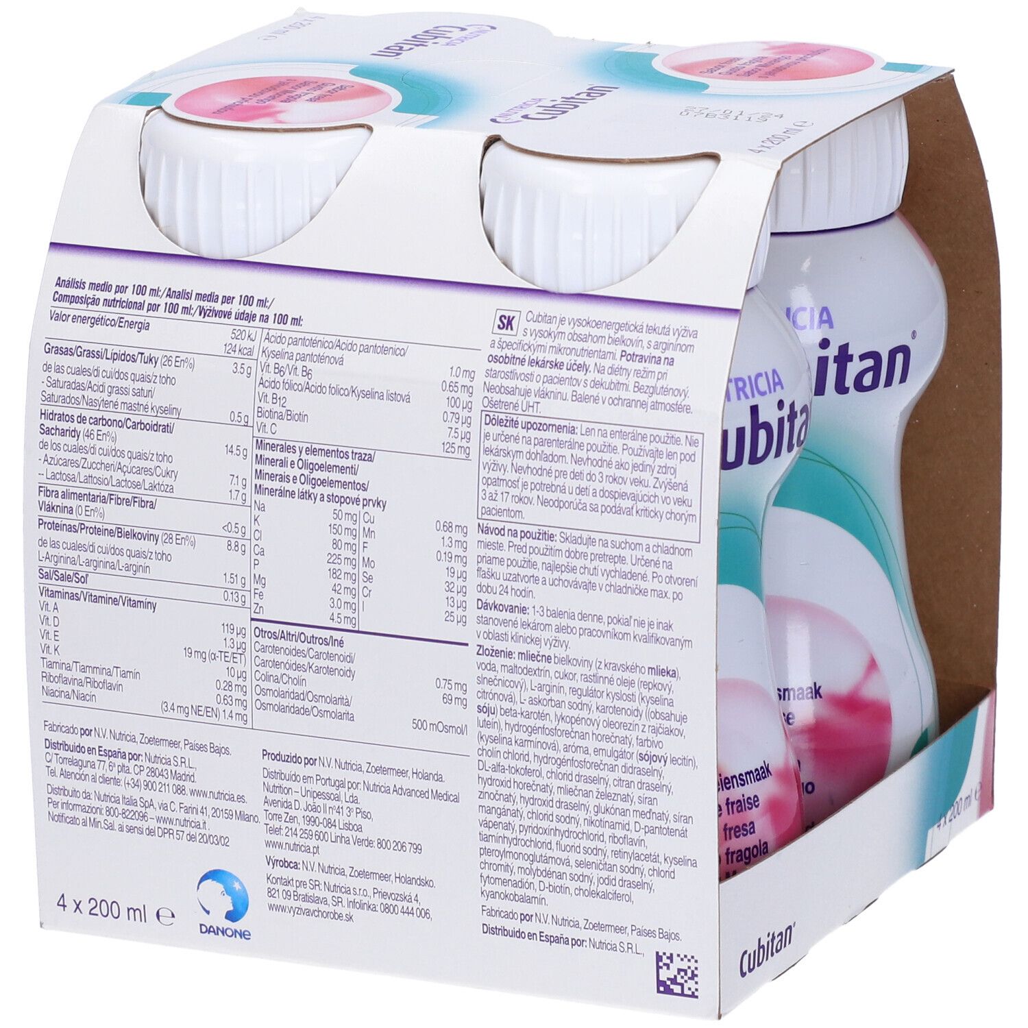 Confezione da quattro bottiglie di Cubitan. Retro con informazioni nutrizionali e ingredienti. Scritte: Nutricia, Cubitan, gusto fragola.