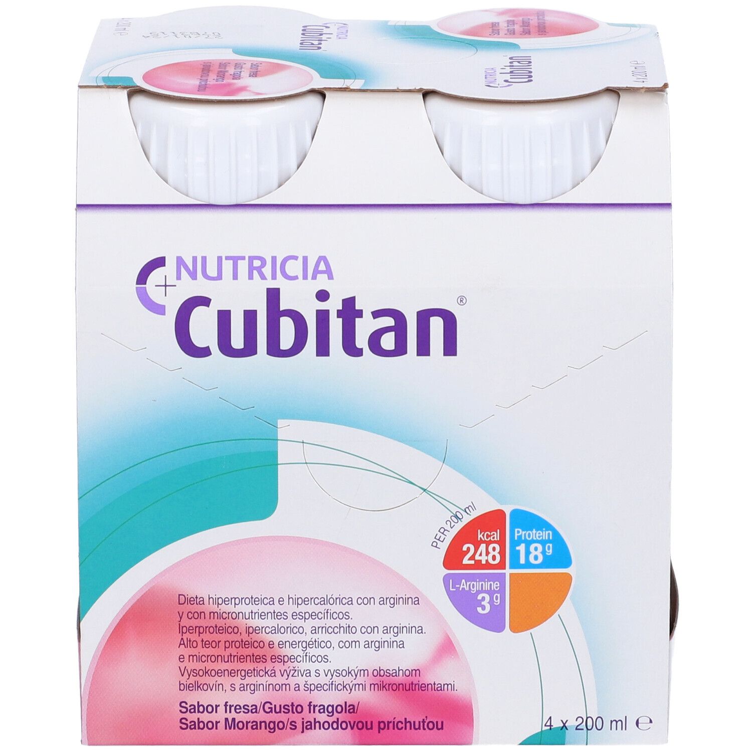 Confezione da quattro bottiglie di Cubitan. Scritte: Nutricia, Cubitan, informazioni nutrizionali, gusto fragola.