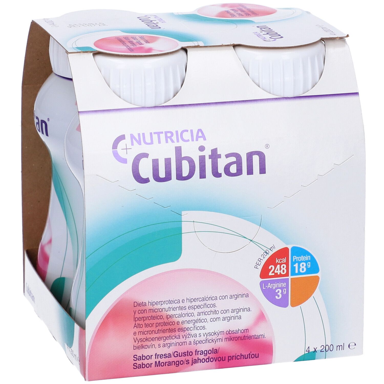 Confezione da quattro bottiglie di Cubitan. Scritte: Nutricia, Cubitan, informazioni nutrizionali, gusto fragola.