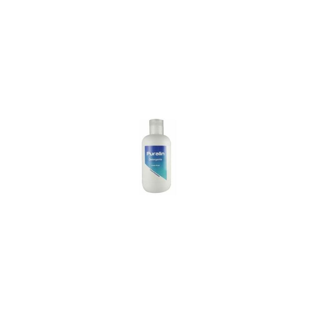 Flacone bianco con etichetta blu e bianca. Scritta: Puralin Detergente.