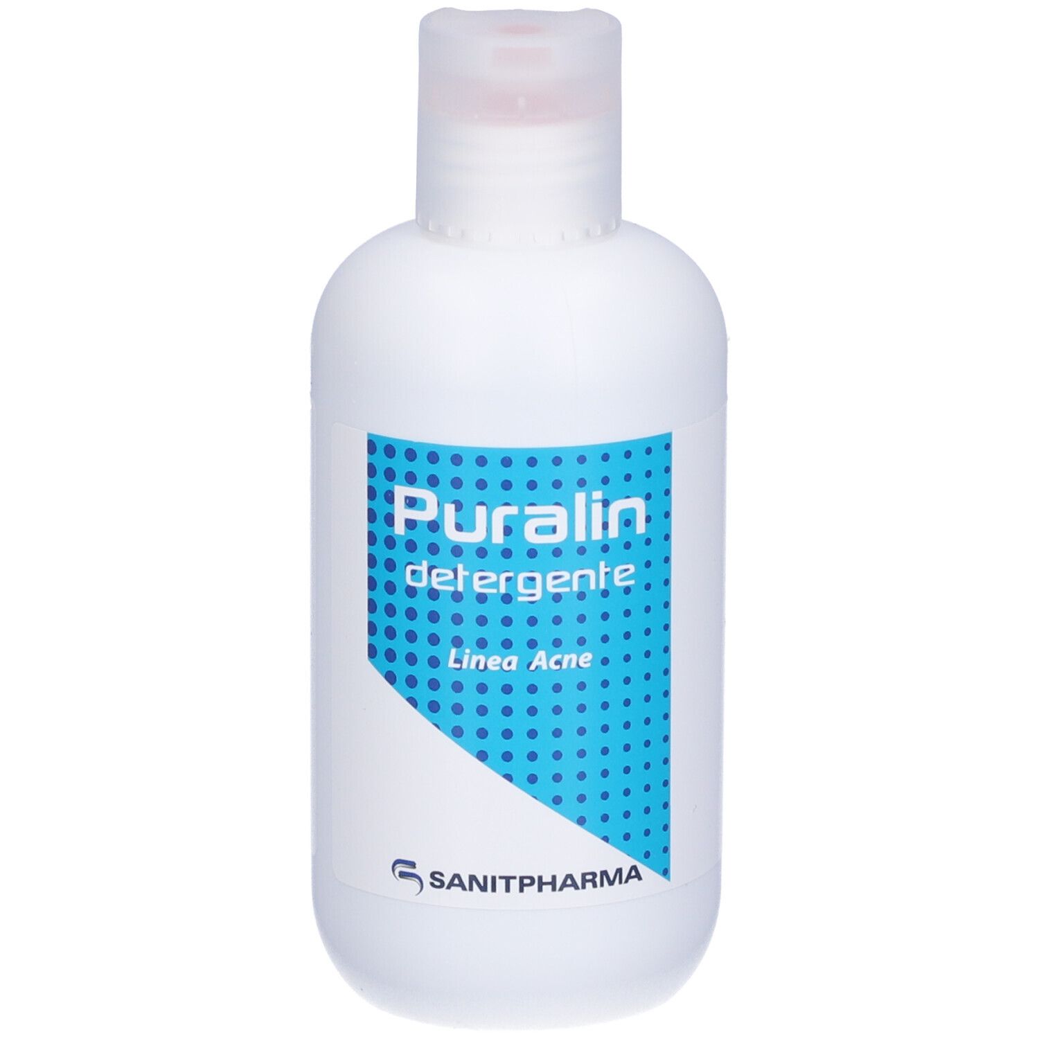 Flacone bianco con etichetta blu. Scritta: Puralin detergente, Linea Acne. Logo Sanitpharma.