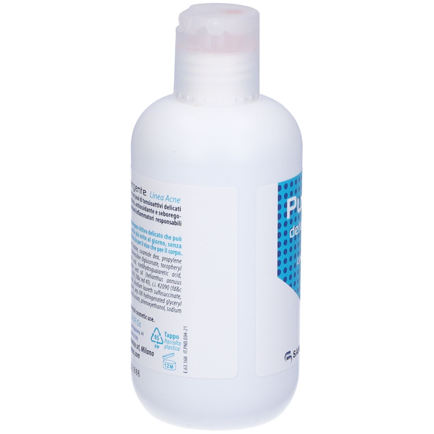 Flacone bianco con testo e ingredienti. Logo Sanitpharma. Flacone con tappo a vite.