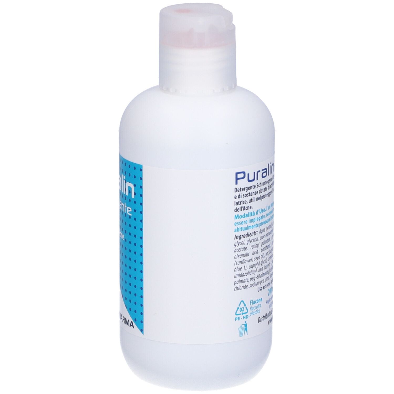 Flacone bianco con etichetta blu. Scritta: Puralin detergente, Linea Acne. Logo Sanitpharma.
