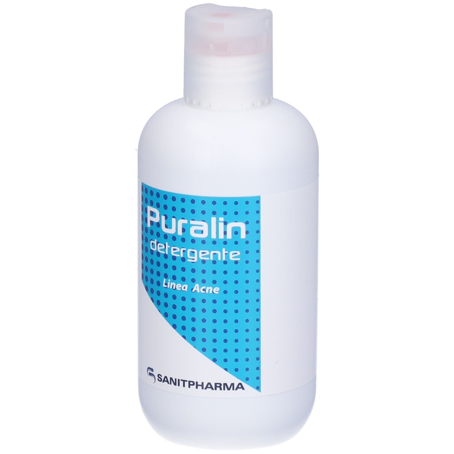 Flacone bianco con etichetta blu. Scritta: Puralin detergente, Linea Acne. Logo Sanitpharma.