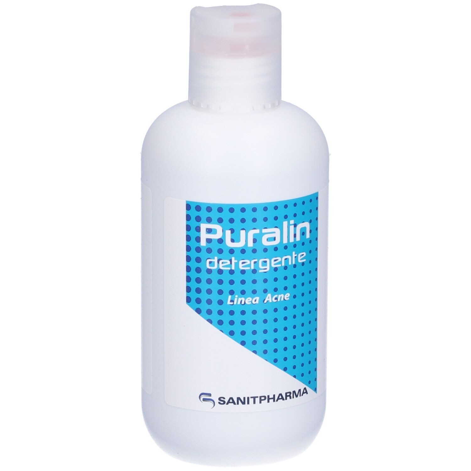 Flacone bianco con etichetta blu. Scritta: Puralin detergente, Linea Acne. Logo Sanitpharma.