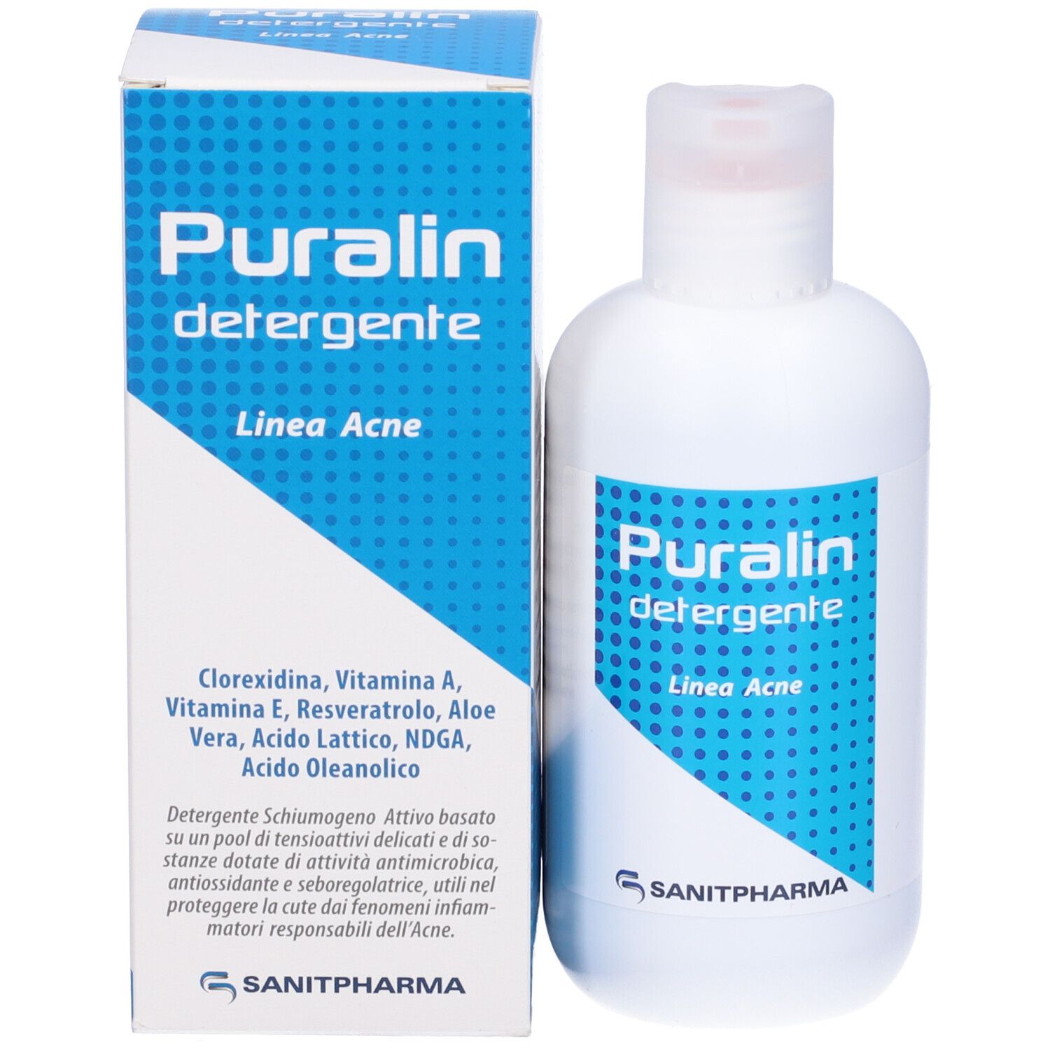 Confezione del prodotto con flacone e scatola. Scritta: Puralin detergente, Linea Acne. Logo Sanitpharma.
