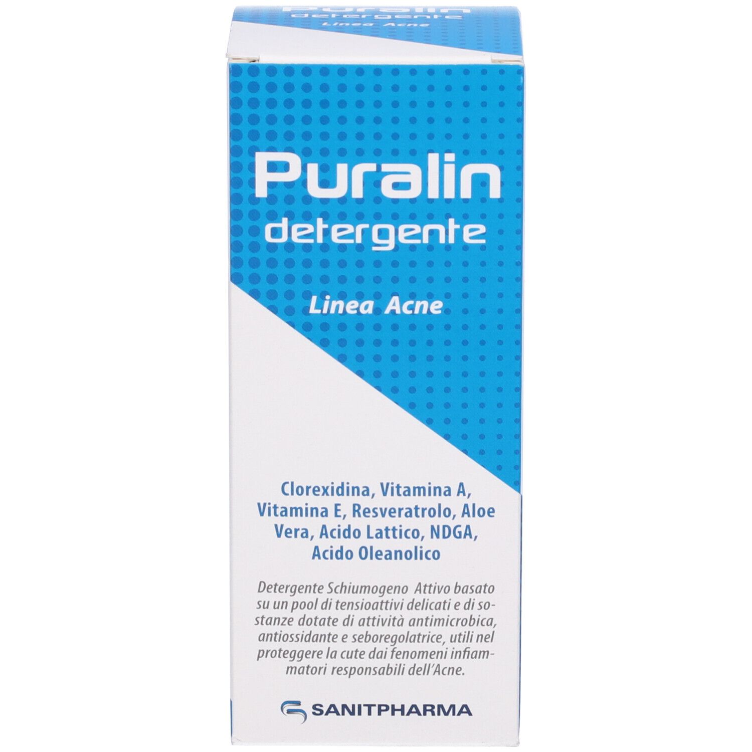 Confezione del prodotto, scatola. Scritta: Puralin detergente, Linea Acne. Logo Sanitpharma.