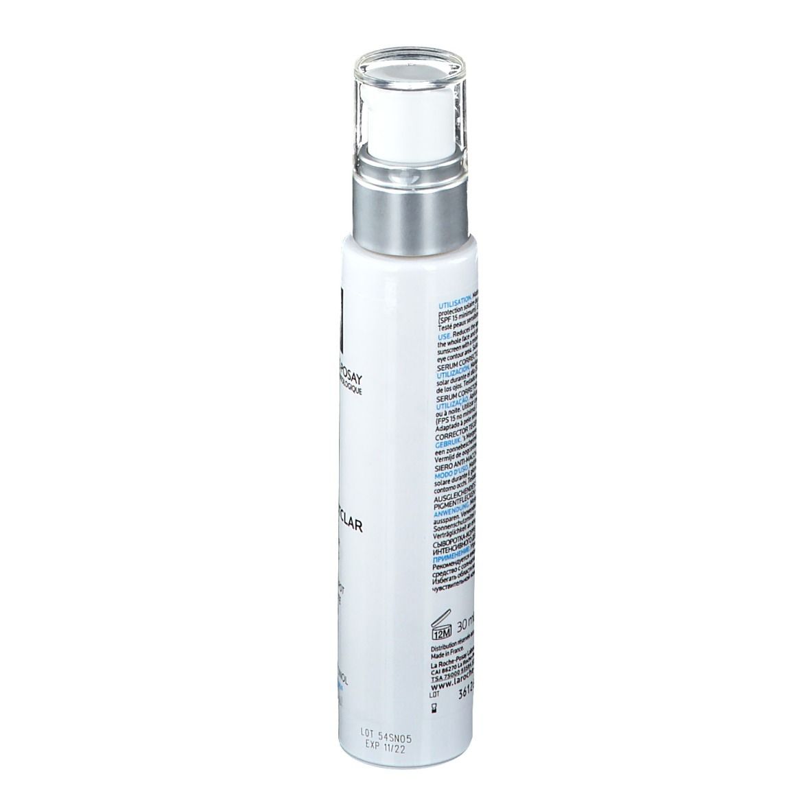 Sérum blanc avec pompe. Inscription: LA ROCHE-POSAY, PIGMENTCLAR SERUM, Anti-Dark Spot Concentrate.