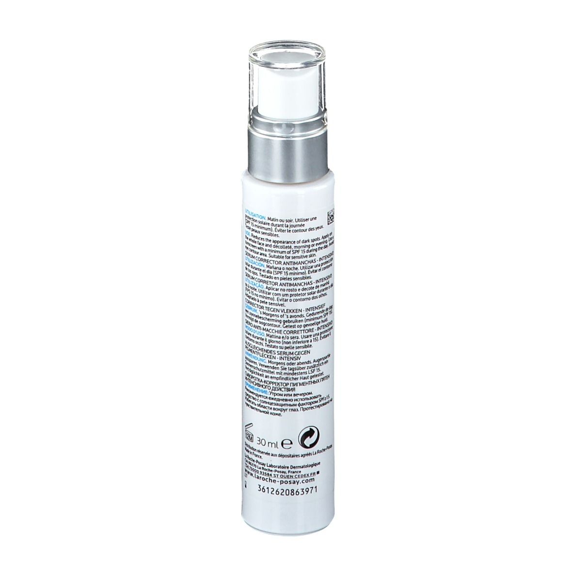 Sérum blanc avec pompe. Inscription: LA ROCHE-POSAY, PIGMENTCLAR SERUM, Anti-Dark Spot Concentrate.