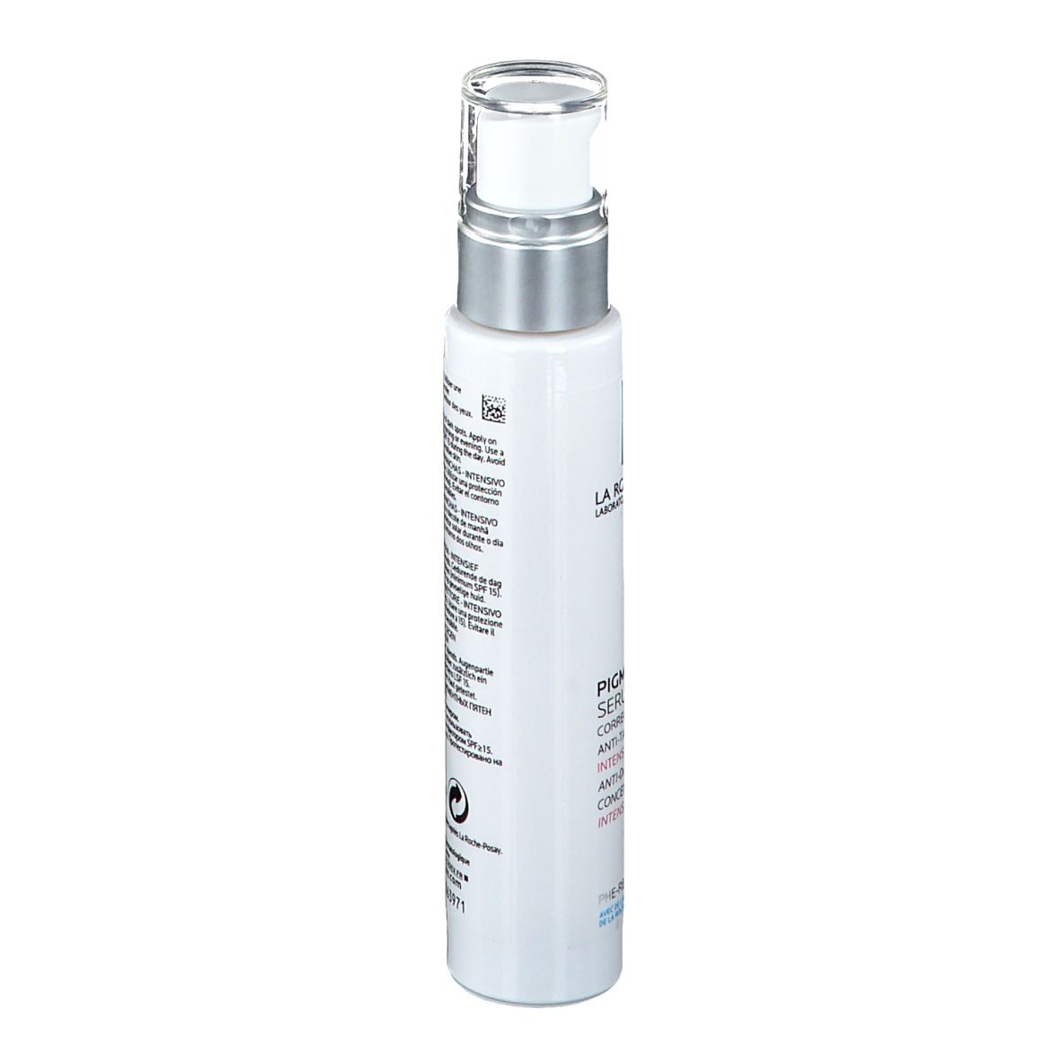 Sérum blanc avec pompe. Inscription: LA ROCHE-POSAY, PIGMENTCLAR SERUM, Anti-Dark Spot Concentrate.