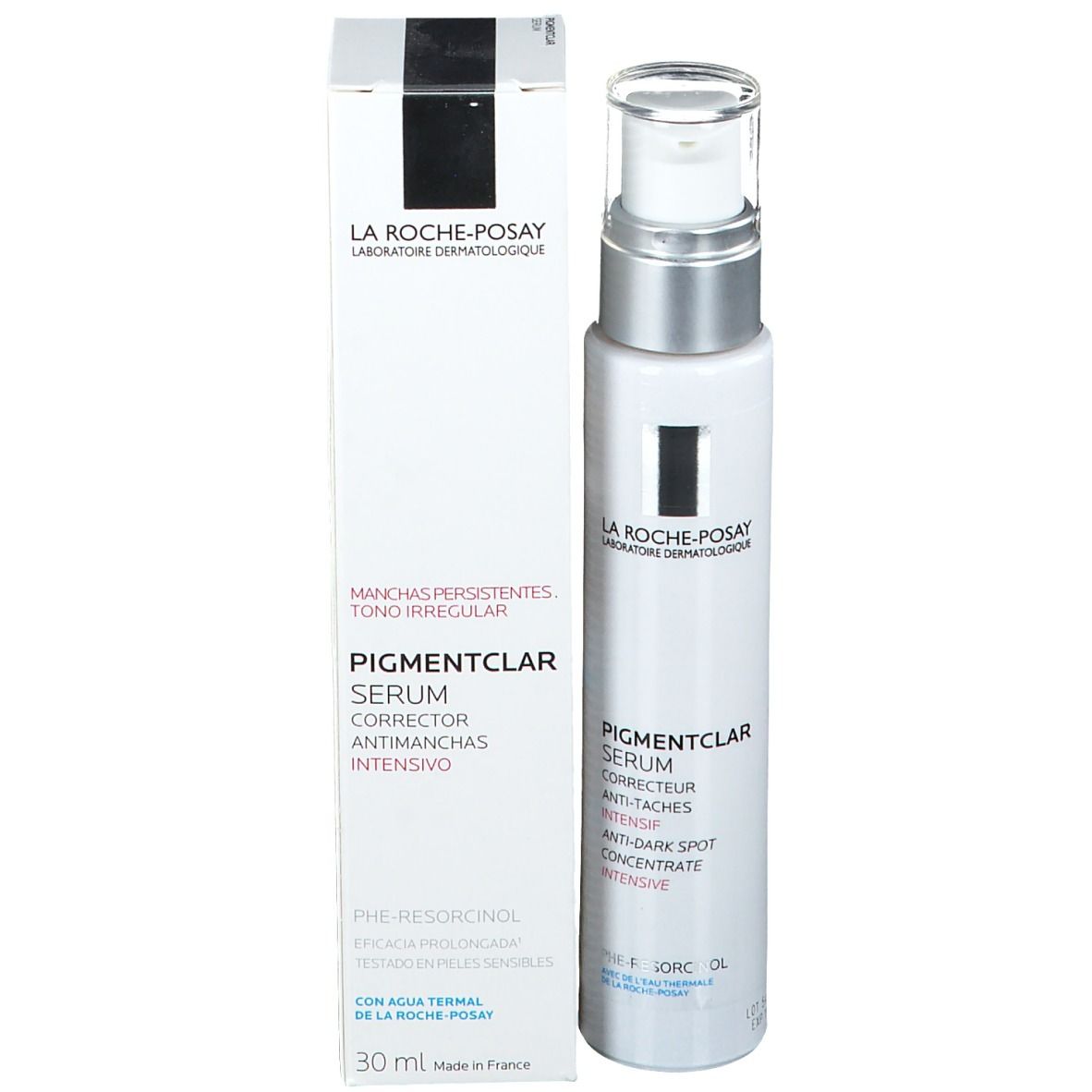 Flacon de sérum et emballage. Inscription: LA ROCHE-POSAY, PIGMENTCLAR SERUM, 30 ml.