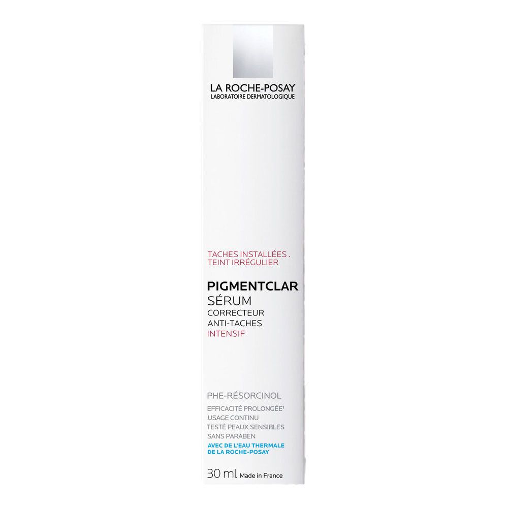 Sérum blanc dans un emballage. Inscription: LA ROCHE-POSAY, PIGMENTCLAR SERUM, 30 ml.