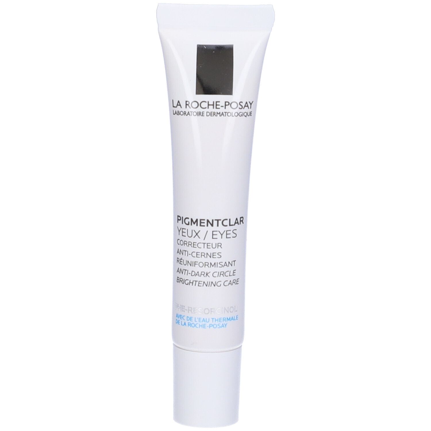 Tubo bianco con logo La Roche-Posay e nome del prodotto. Testo: Pigmentclar yeux / eyes, Anti-cernes.
