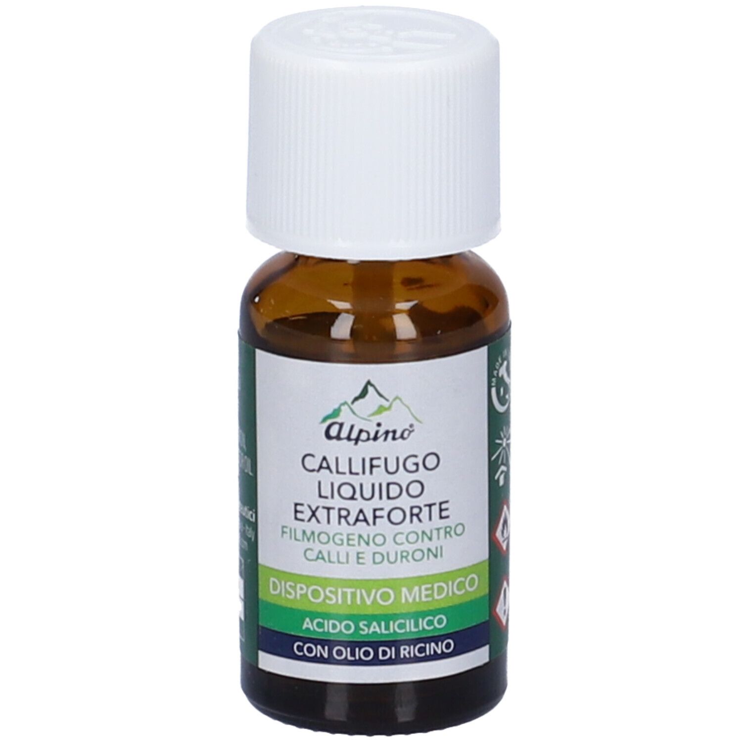 Flacone marrone con tappo bianco. Etichetta con nome del prodotto e ingredienti. Dispositivo medico.