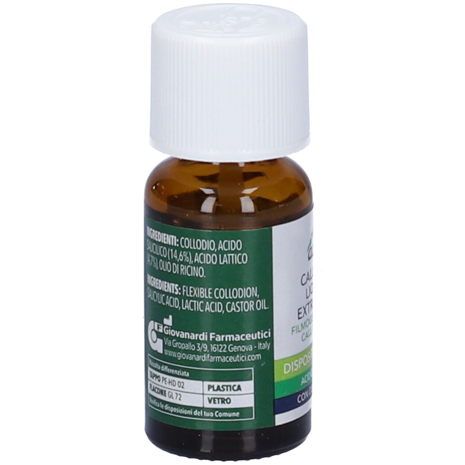 Flacone marrone con tappo bianco. Retro con ingredienti e informazioni produttore. Dispositivo medico.