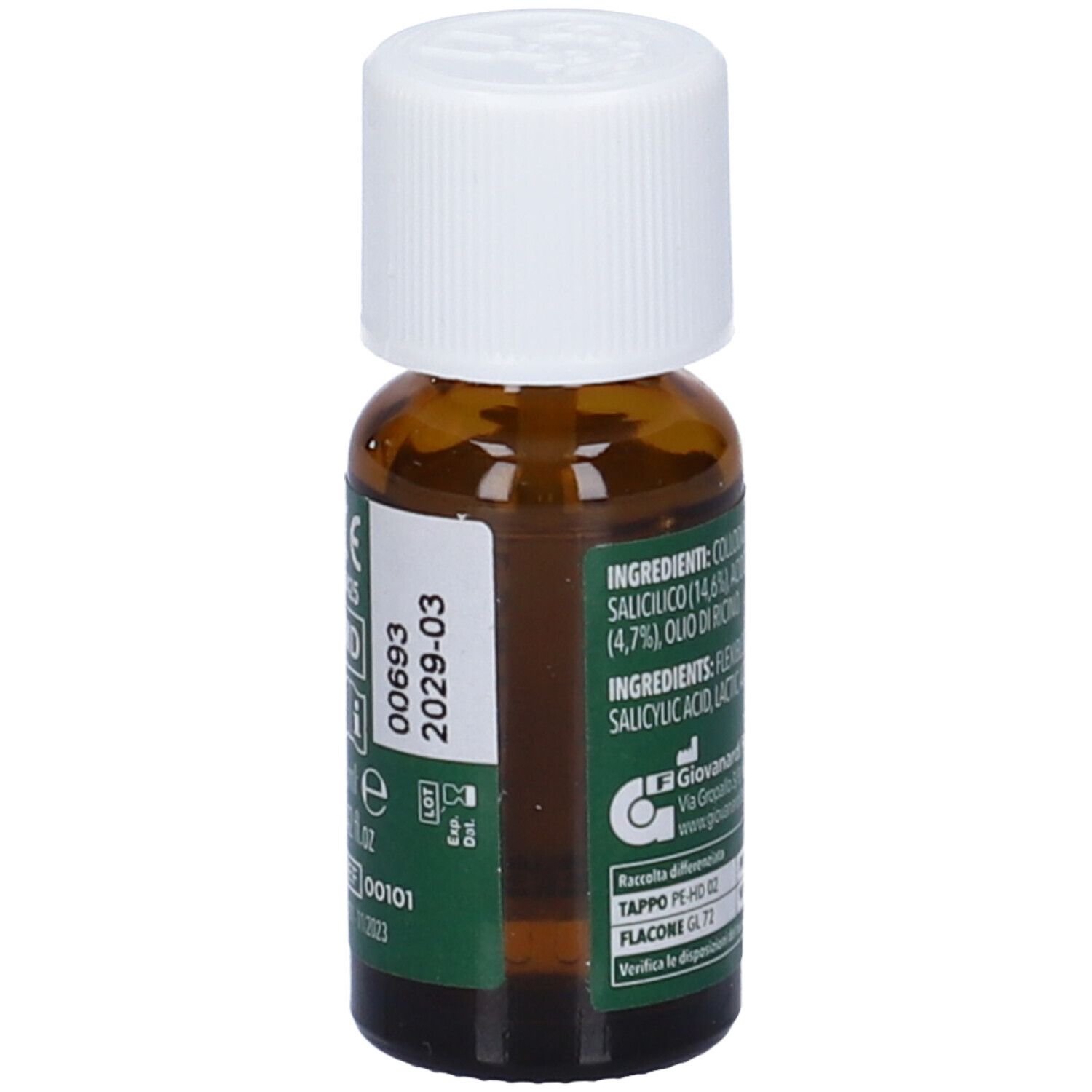 Flacone marrone con tappo bianco. Retro con ingredienti e informazioni produttore. Dispositivo medico.