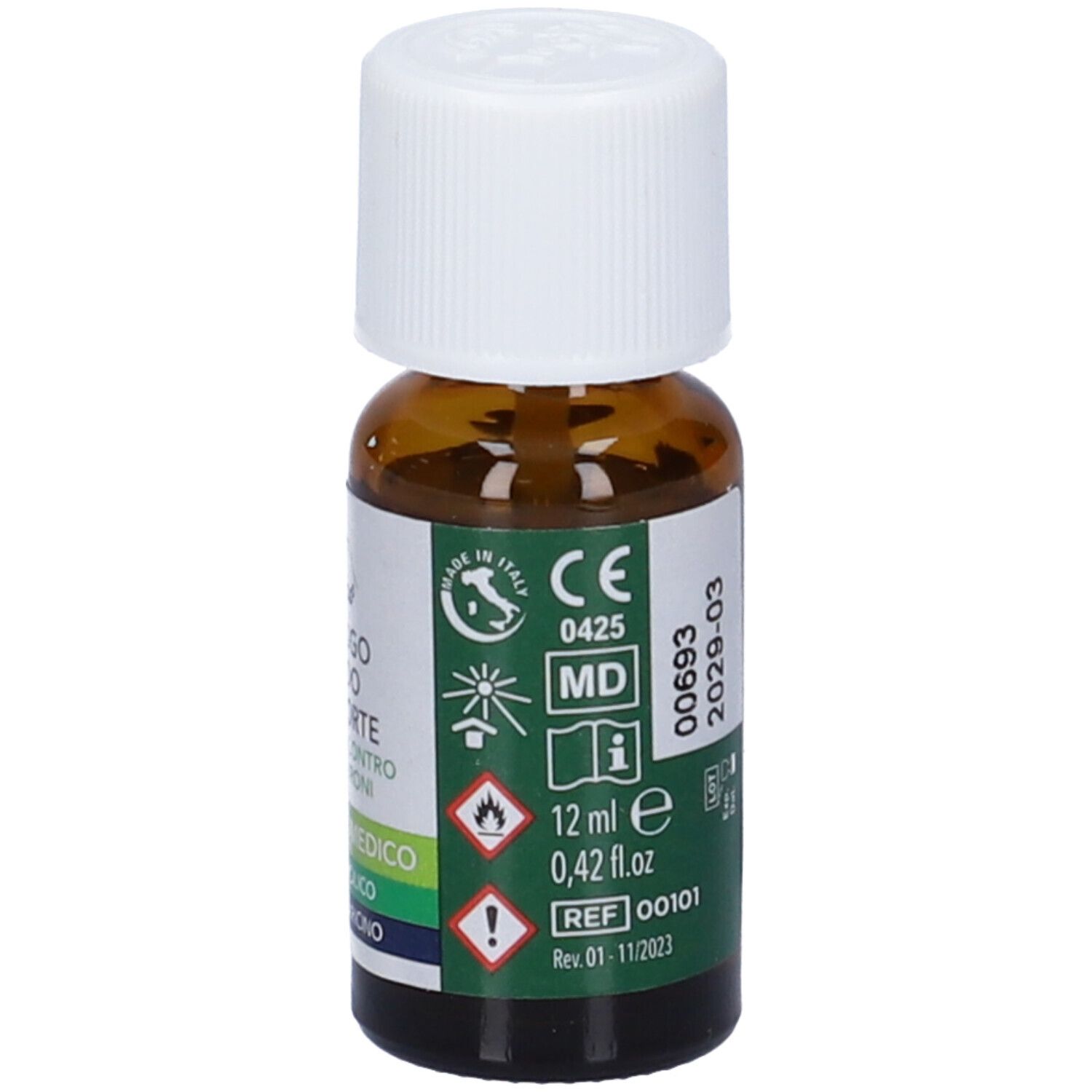 Flacone marrone con tappo bianco. Etichetta con informazioni prodotto e marchio CE. Dispositivo medico.