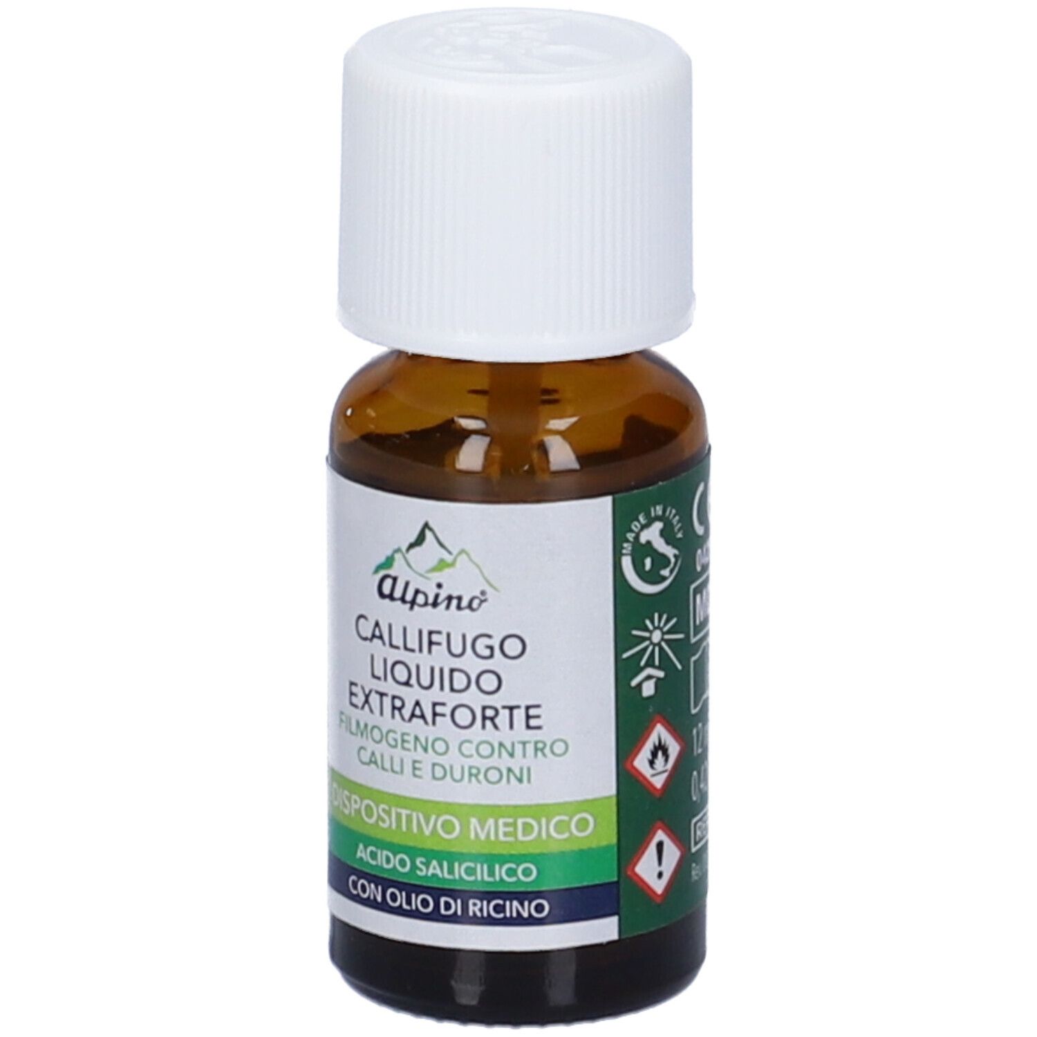 Flacone marrone con tappo bianco. Etichetta con nome del prodotto e ingredienti. Dispositivo medico.