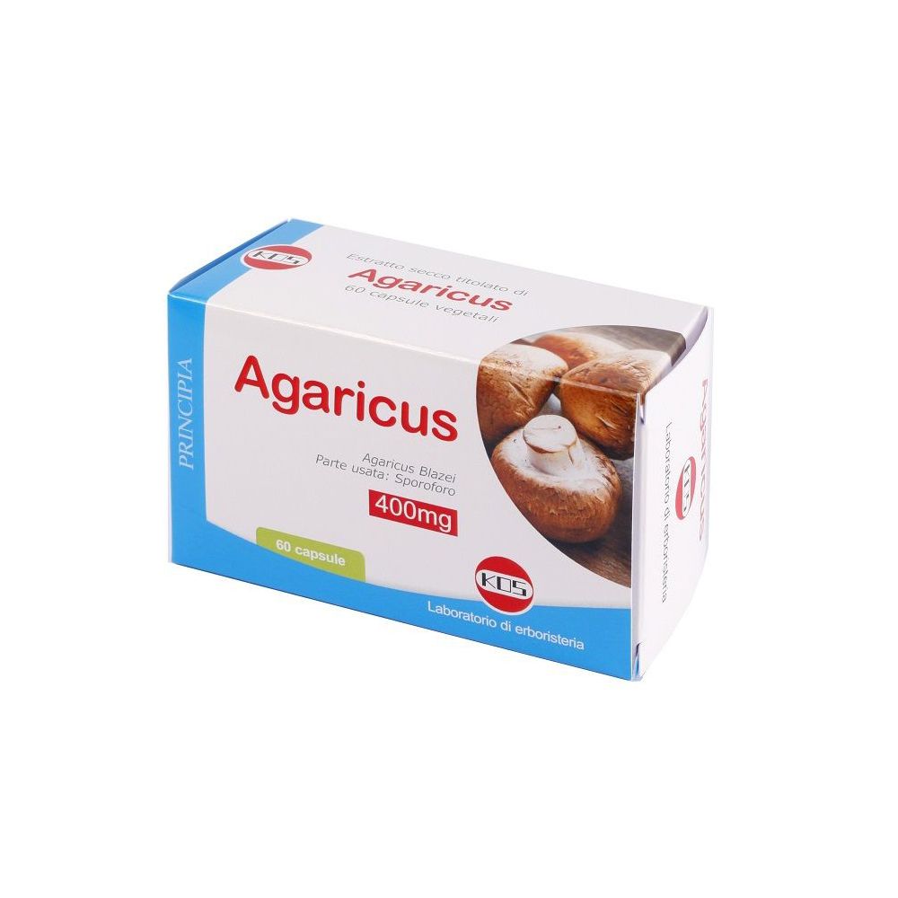 Scatola di capsule KOS Agaricus Blazei. Scritta 'Agaricus' e '400mg'. Immagine di funghi.