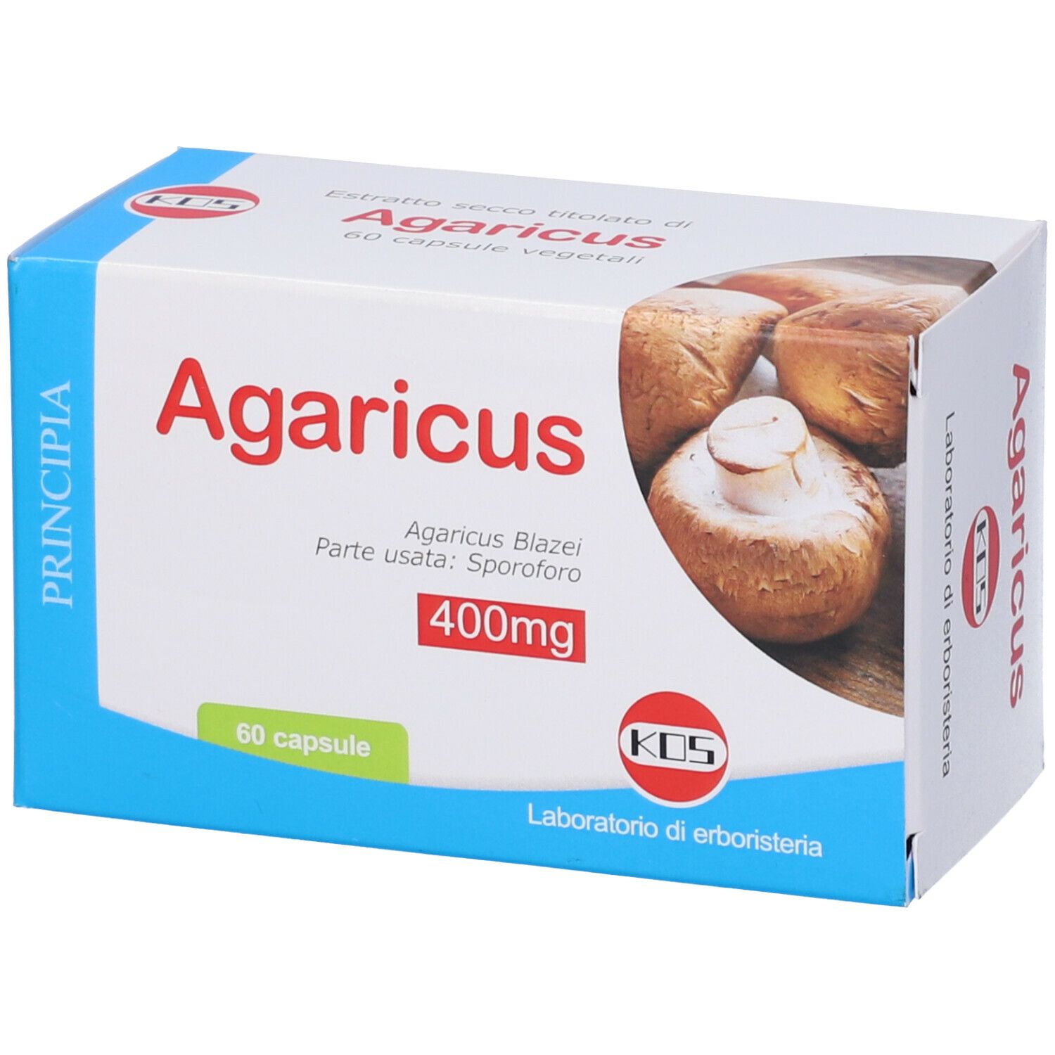 Scatola di capsule KOS Agaricus Blazei. Scritte 'Agaricus', '400mg' e '60 capsule'. Immagine di funghi.