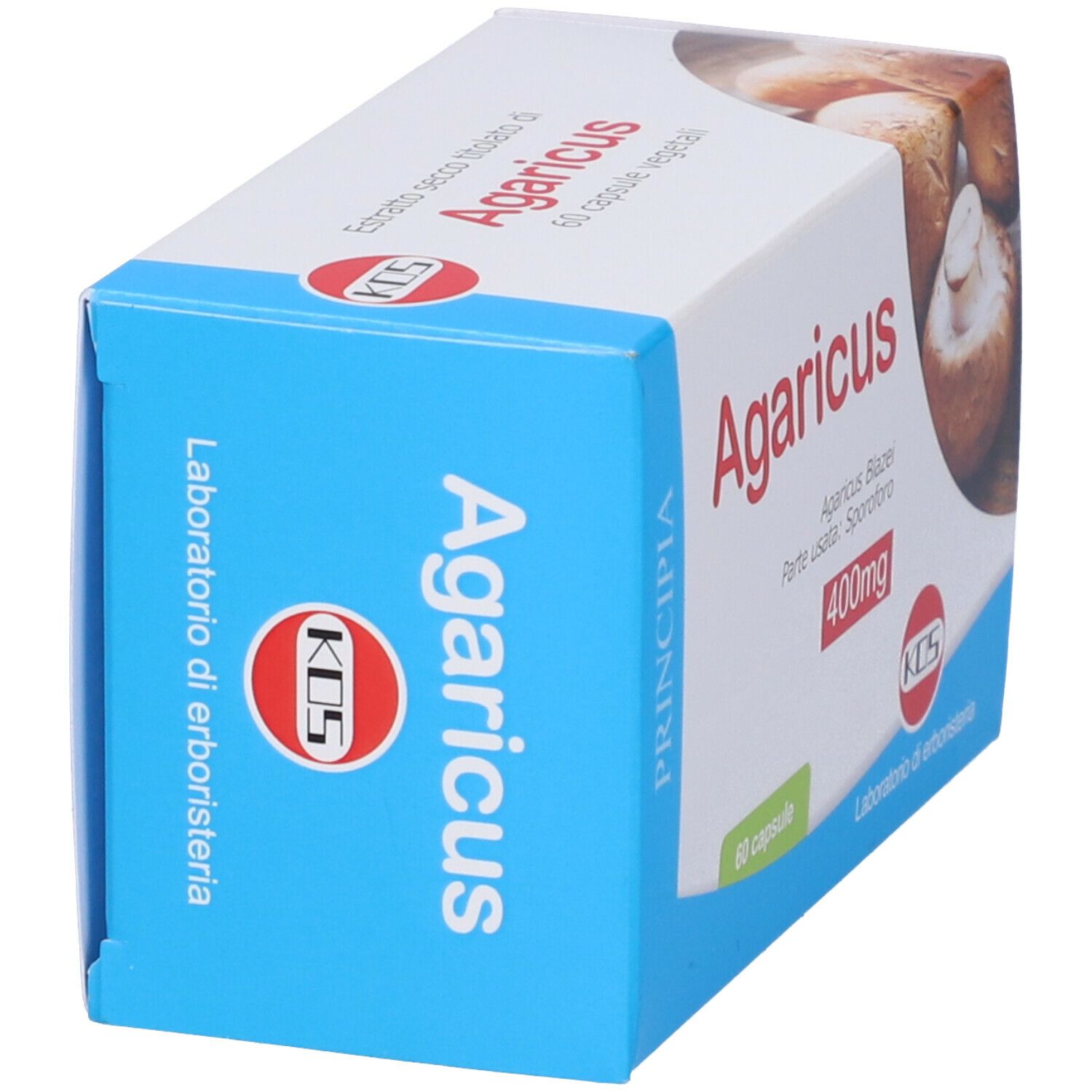 Scatola di capsule KOS Agaricus Blazei. Scritte 'Agaricus', '400mg' e '60 capsule'. Immagine di funghi.
