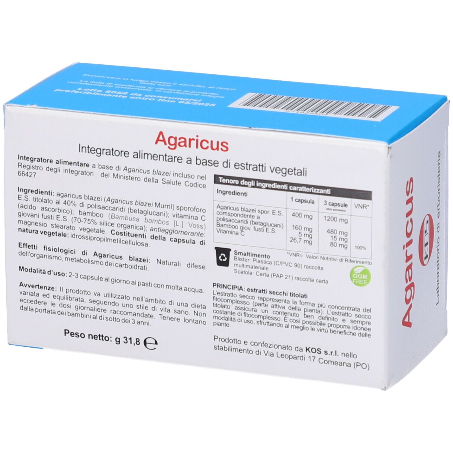 Retro della scatola di capsule KOS Agaricus Blazei. Testo con ingredienti e informazioni nutrizionali.