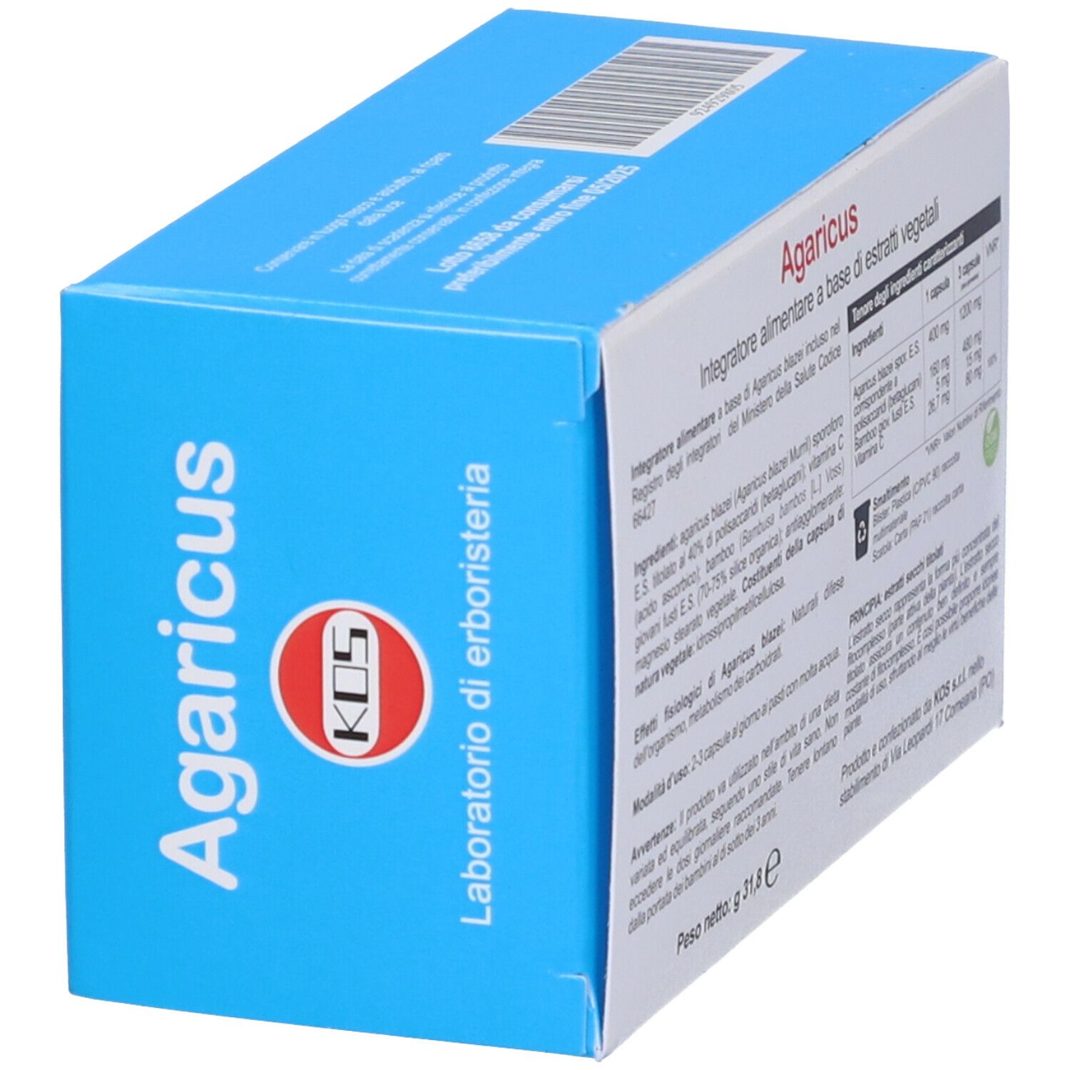Scatola di capsule KOS Agaricus Blazei. Scritte 'Agaricus', '400mg' e '60 capsule'. Immagine di funghi.