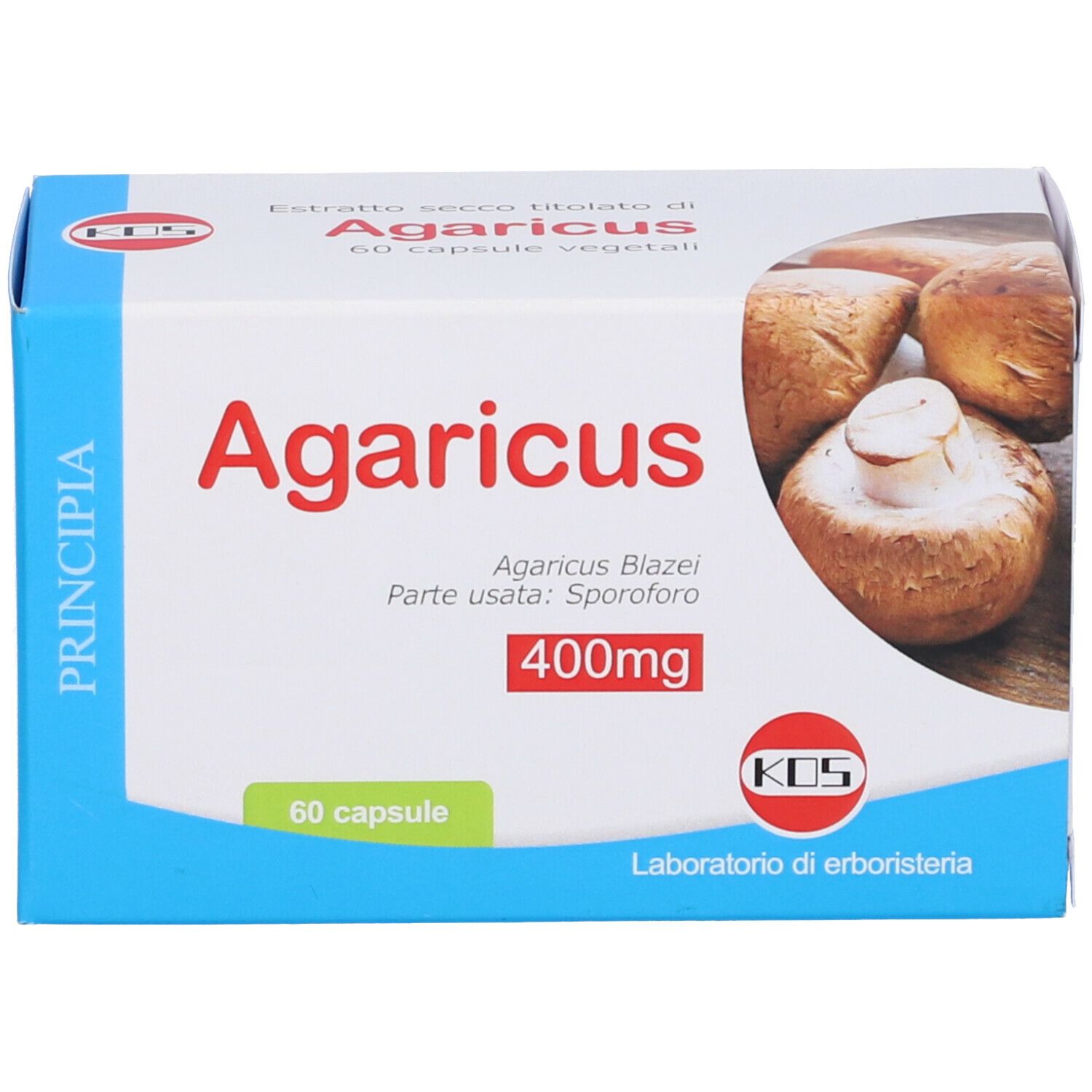 Scatola di capsule KOS Agaricus Blazei. Scritte 'Agaricus', '400mg' e '60 capsule'. Immagine di funghi.