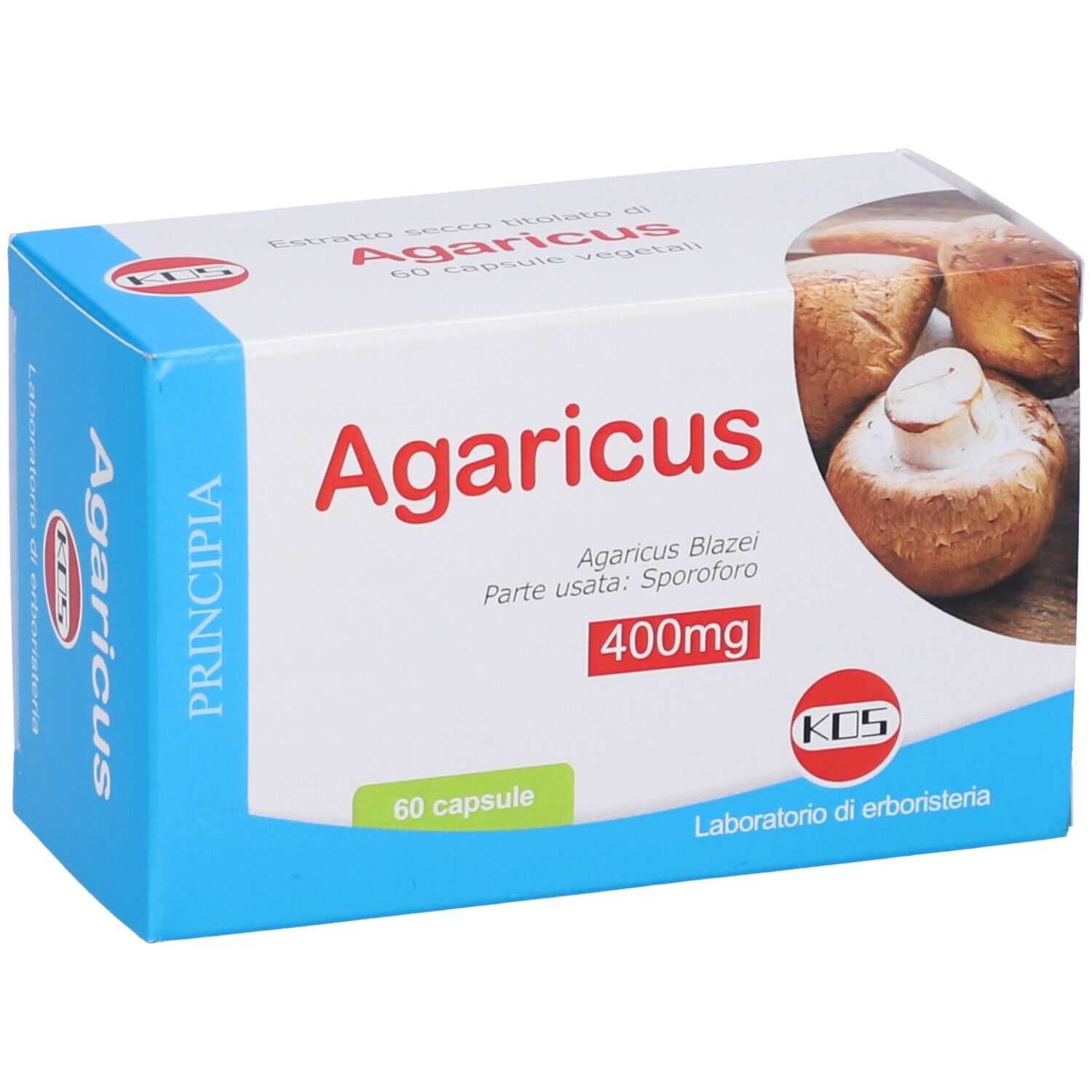 Scatola di capsule KOS Agaricus Blazei. Scritte 'Agaricus', '400mg' e '60 capsule'. Immagine di funghi.
