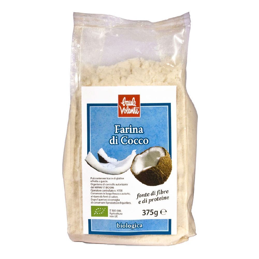 Confezione di farina di cocco. Scritta: Farina di Cocco, 375g. Immagine di cocco intero e metà. Sigillo biologico.