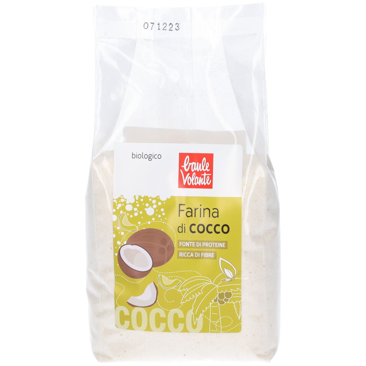 Confezione di farina di cocco. Scritta: Farina di Cocco. Immagine di cocco intero e metà. Sigillo biologico. Testo: fonte di fibre, ricca di fibre.