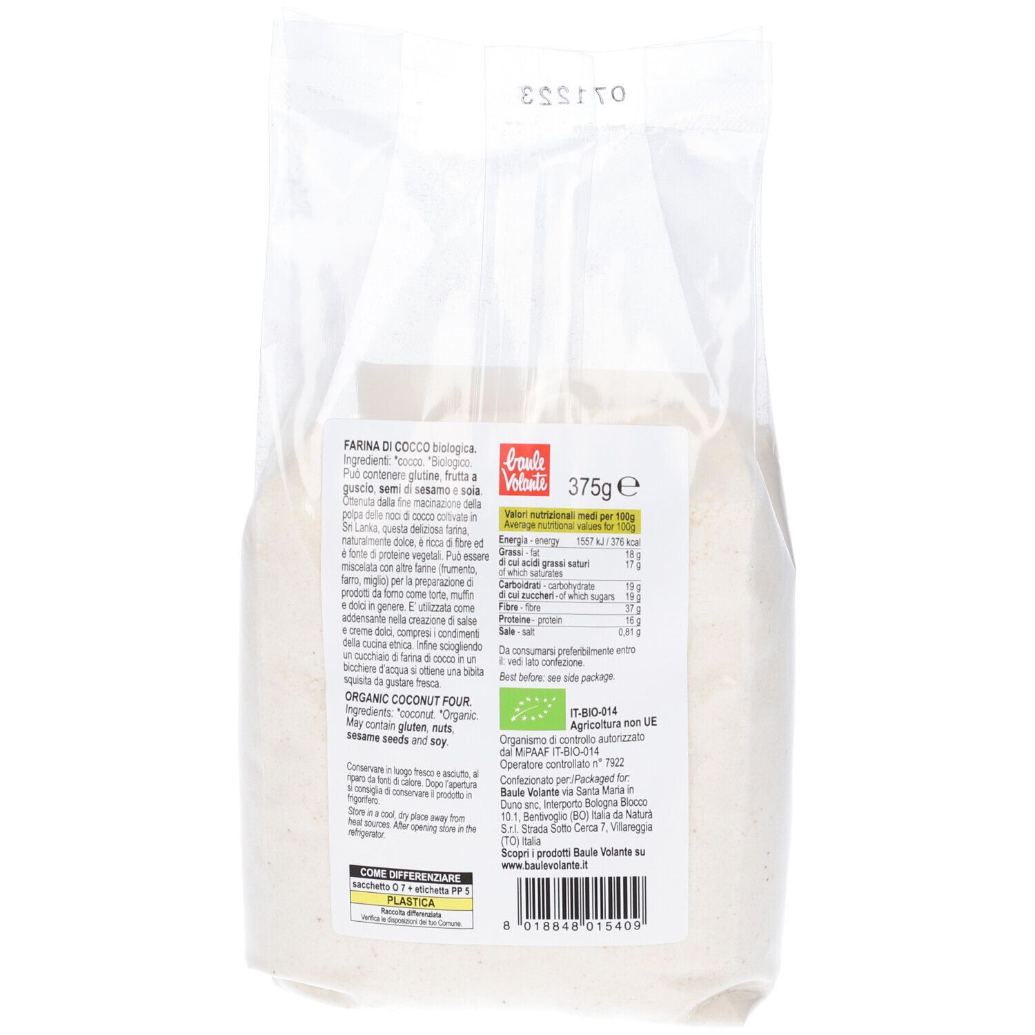 Retro della confezione di farina di cocco. Scritta: Farina di Cocco, 375g. Informazioni nutrizionali. Sigillo biologico. Testo: Organic coconut flour.