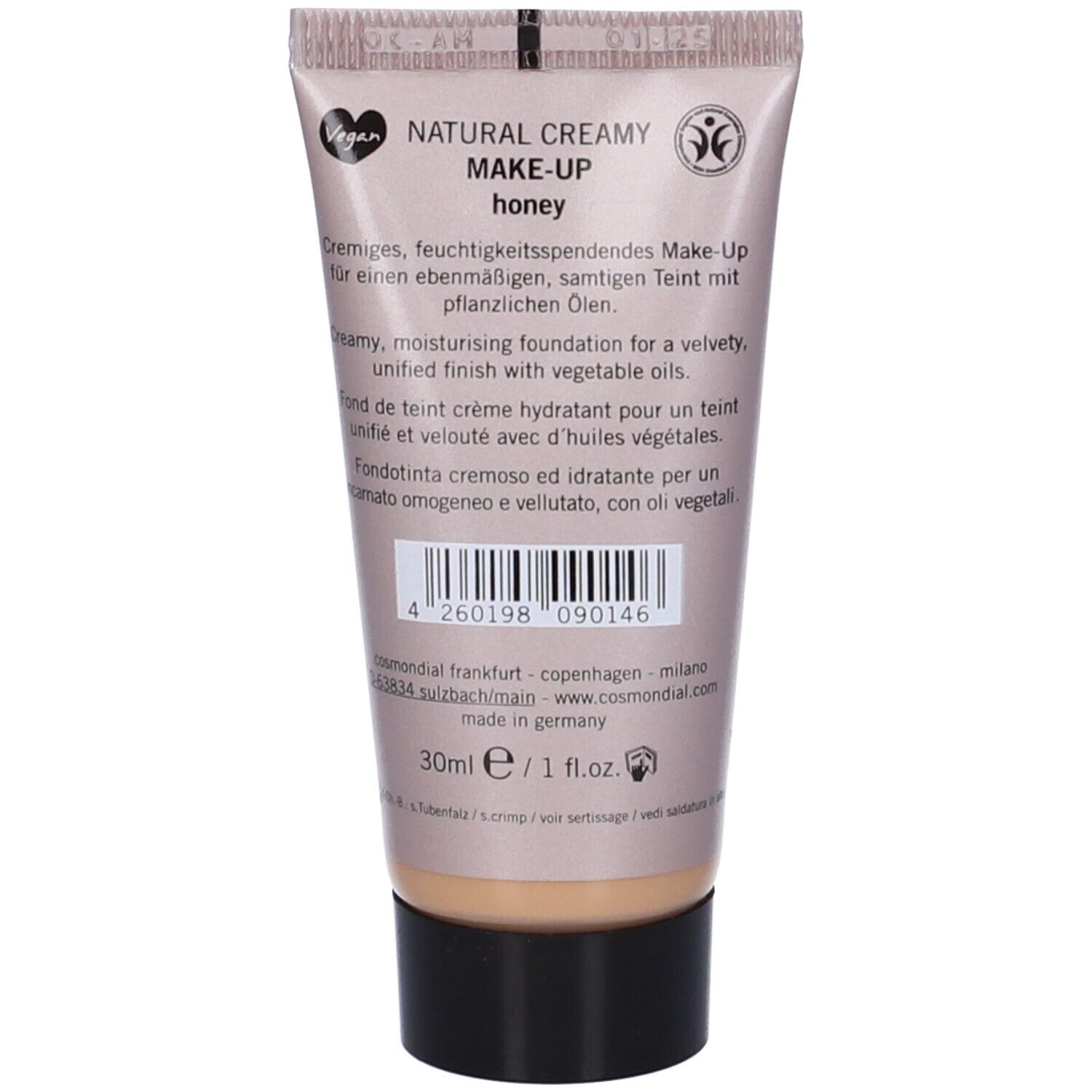 Retro di un tubo. Scritta: Natural Creamy Make-up, honey. Testo in tedesco, inglese, francese, italiano.