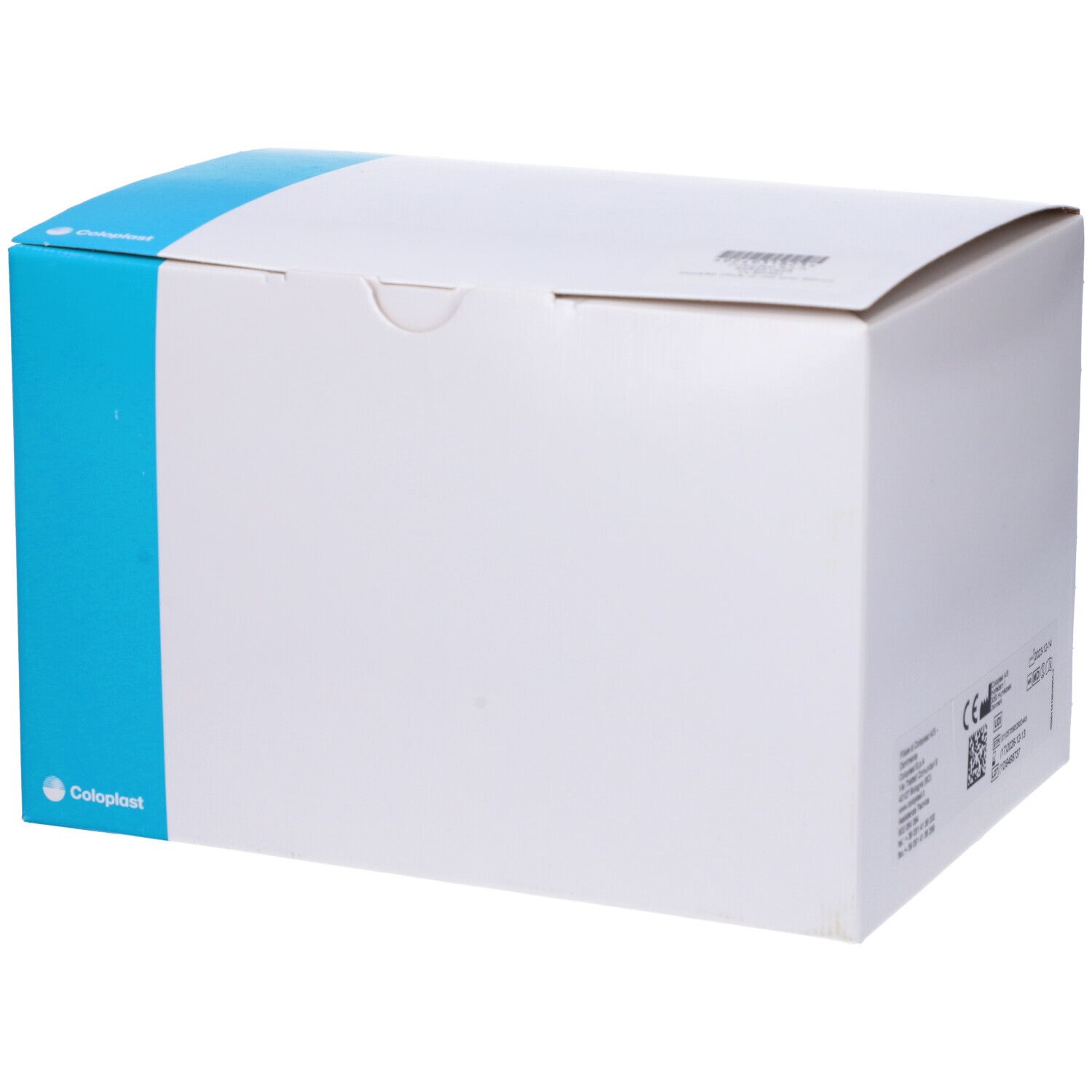 Scatola rettangolare bianca con striscia blu. Logo Coloplast a sinistra.